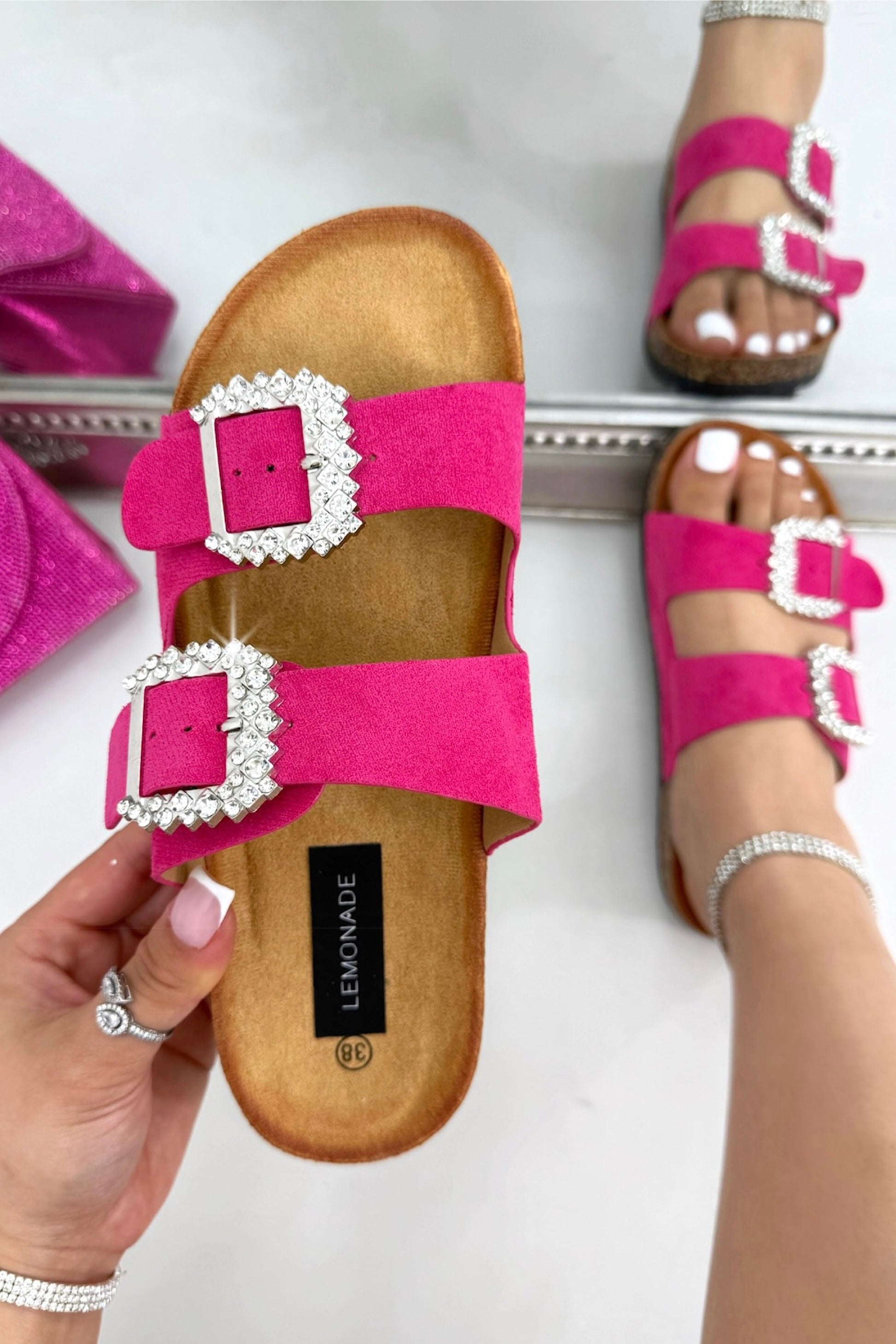 Sparkly Dream Double Buckle Sliders Hot Pink