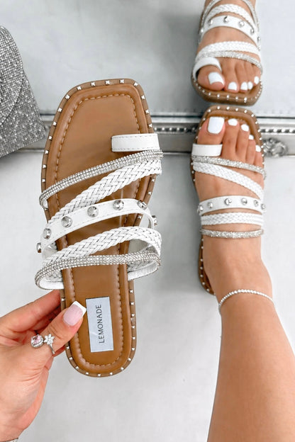 Sparkly Capri Weave Studded Toe Ring Sliders White featuring multi-strap woven design for a stylish, layered look
