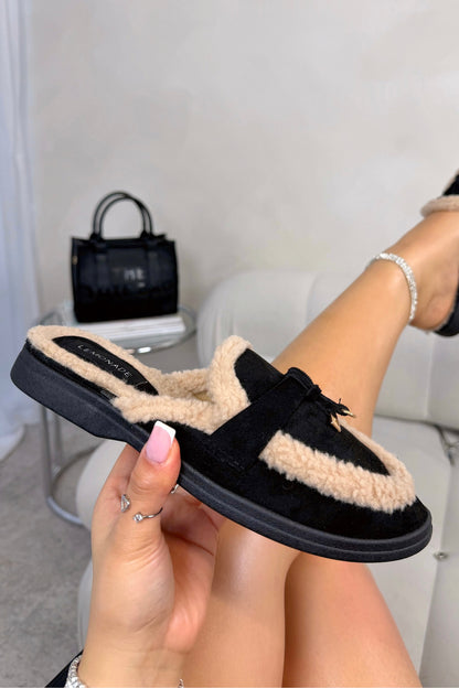 Velvet Crush Teddy Trim Slip On Clog Mules Black finished with soft velvet-finish upper