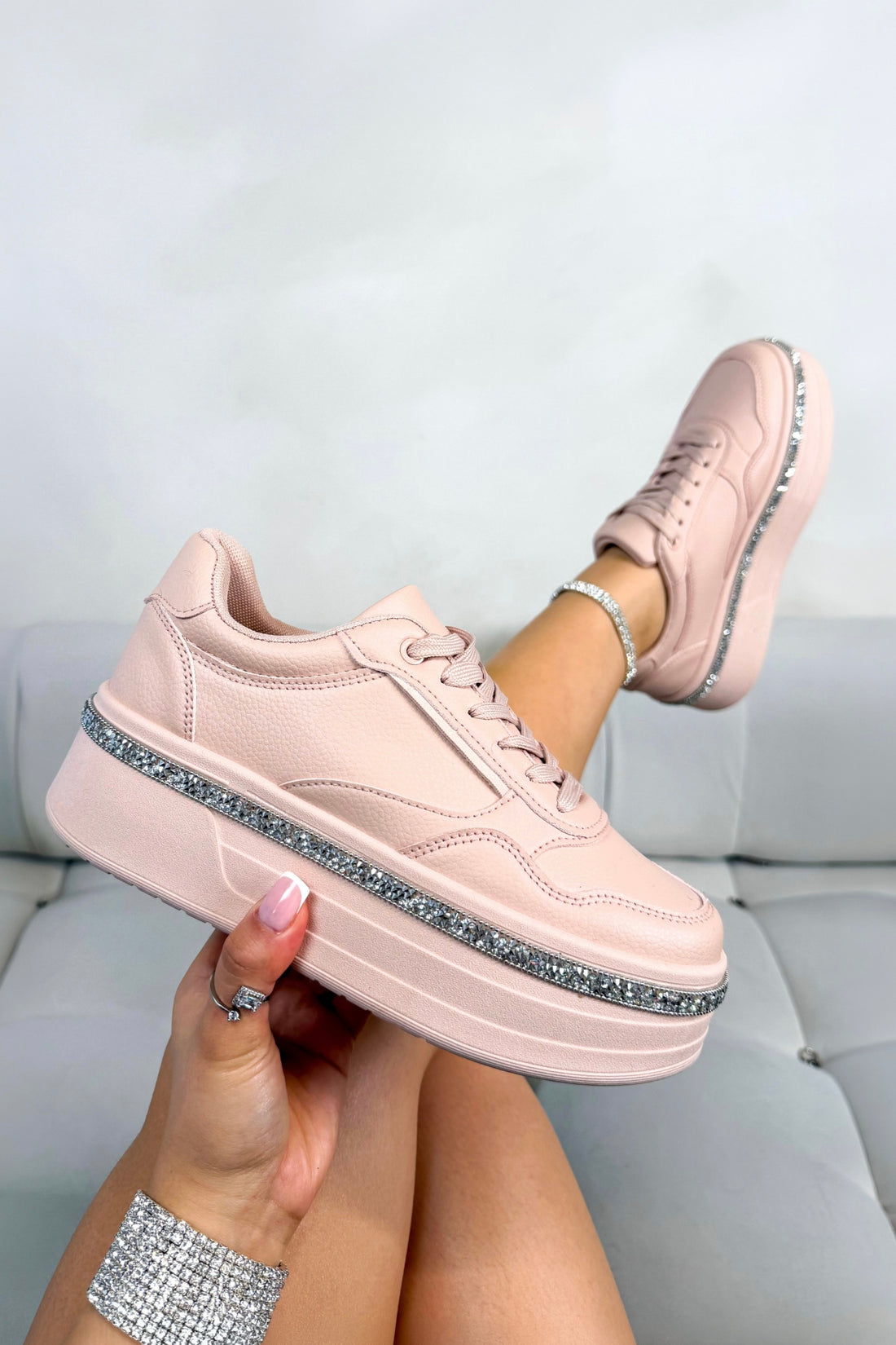 Crystal Diamante Trim Platform Trainers Pink designed with smooth faux leather upper for a clean, premium look