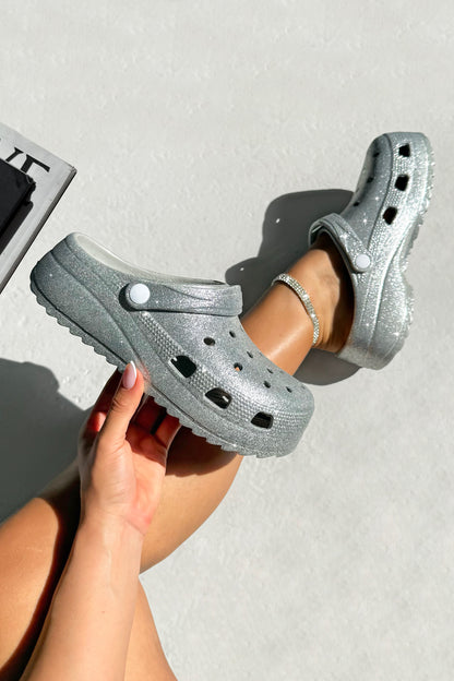 Sparkly Glitter Splash Clog Sliders Silver