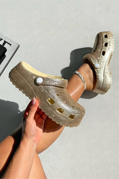 Sparkly Glitter Splash Clog Sliders Gold