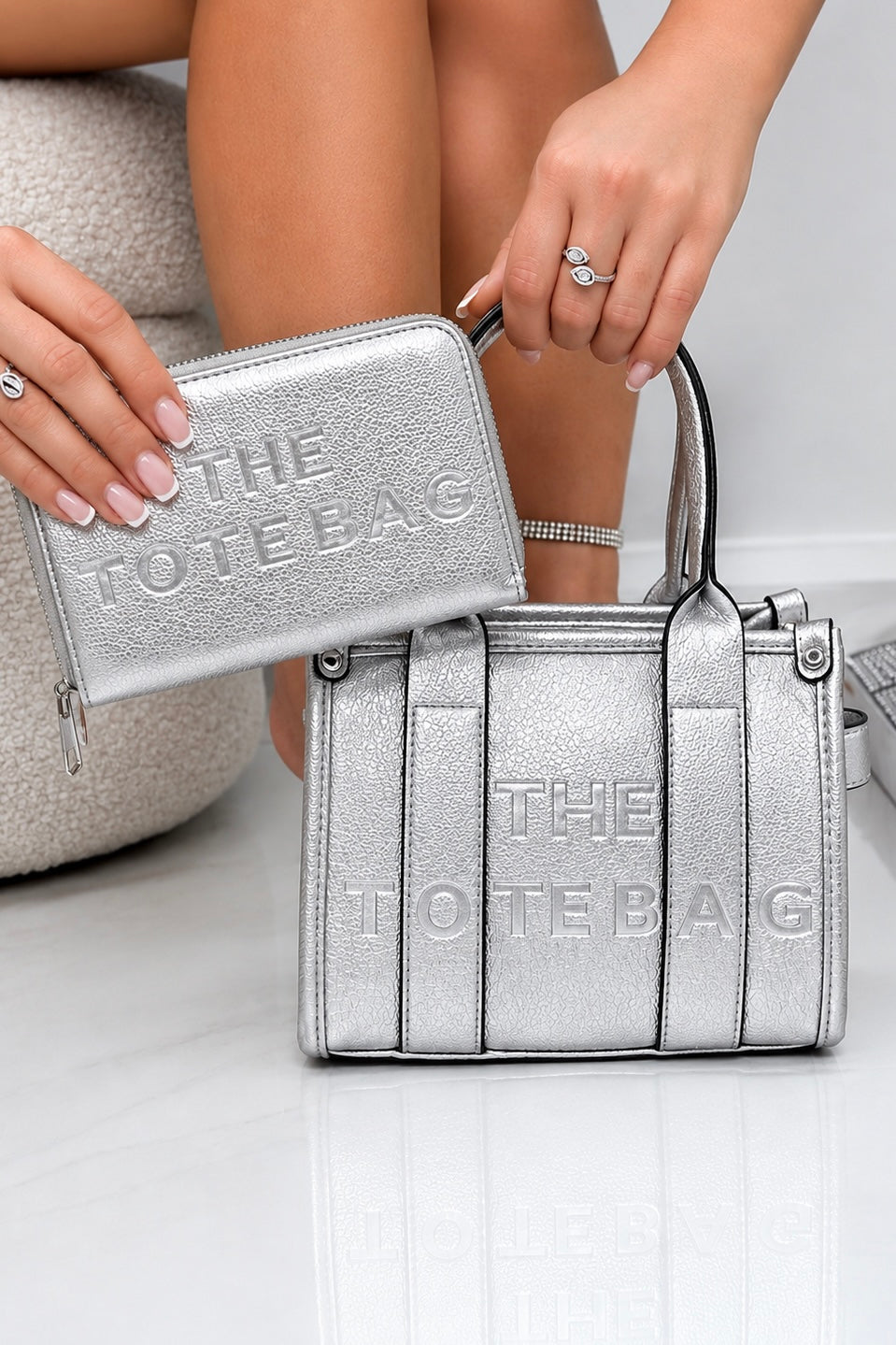 Faux Leather Mini Tote Bag Metallic Silver &amp; Faux Leather Tote Bag Purse Metallic Silver Bundle featuring small Tote (perfect for daily essentials)