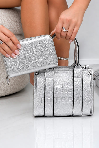 Faux Leather Mini Tote Bag Metallic Silver &amp; Faux Leather Tote Bag Purse Metallic Silver Bundle featuring small Tote (perfect for daily essentials)