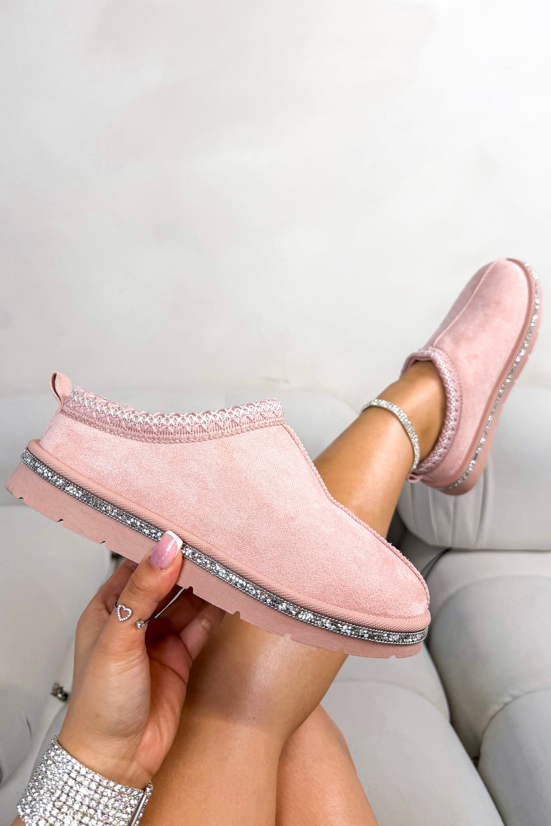 Crystal Tazgirl Faux Fur Lined Mule Clog Slippers Pink featuring a luxurious crystal trim