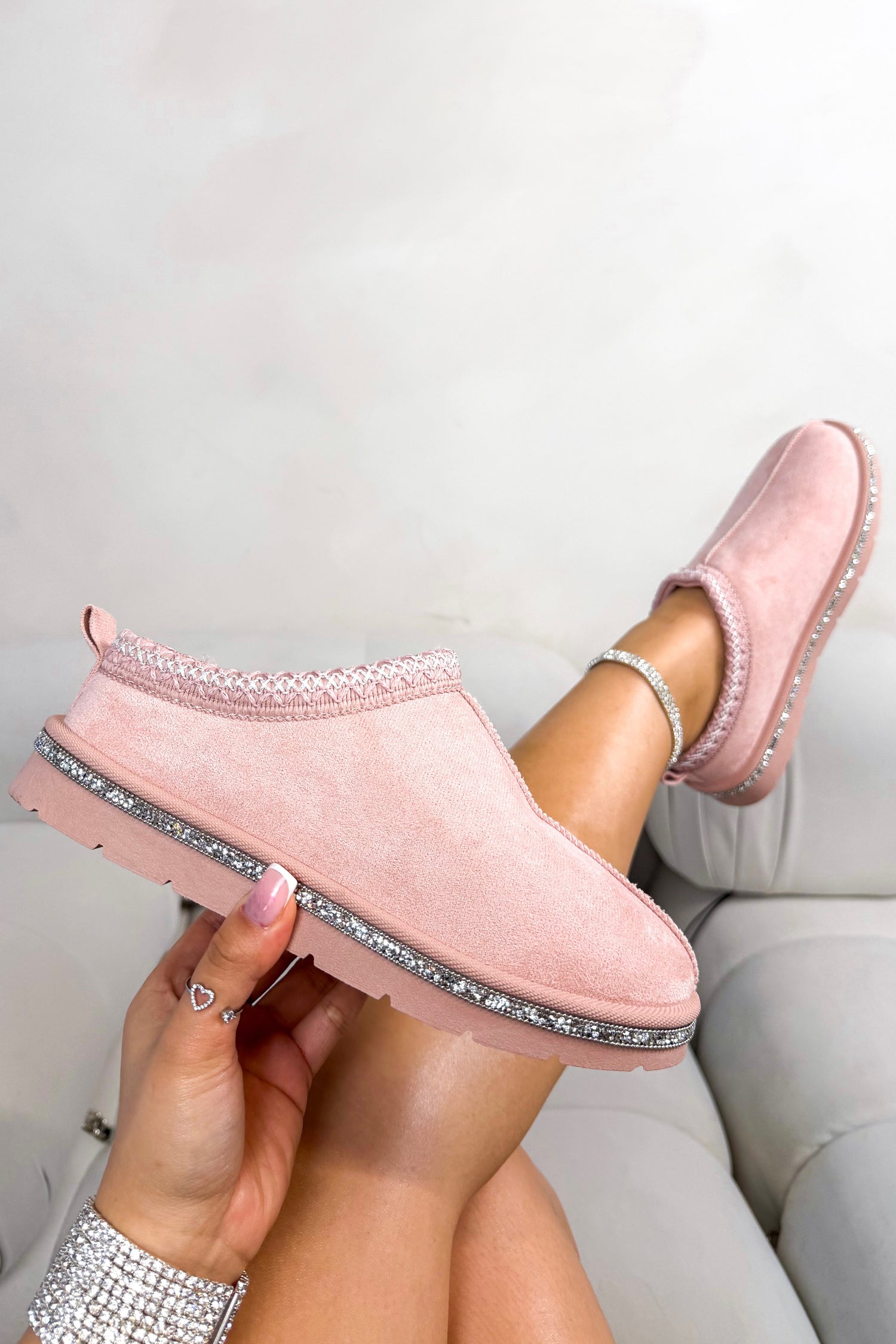 Crystal Tazgirl Faux Fur Lined Mule Clog Slippers Pink featuring a luxurious crystal trim