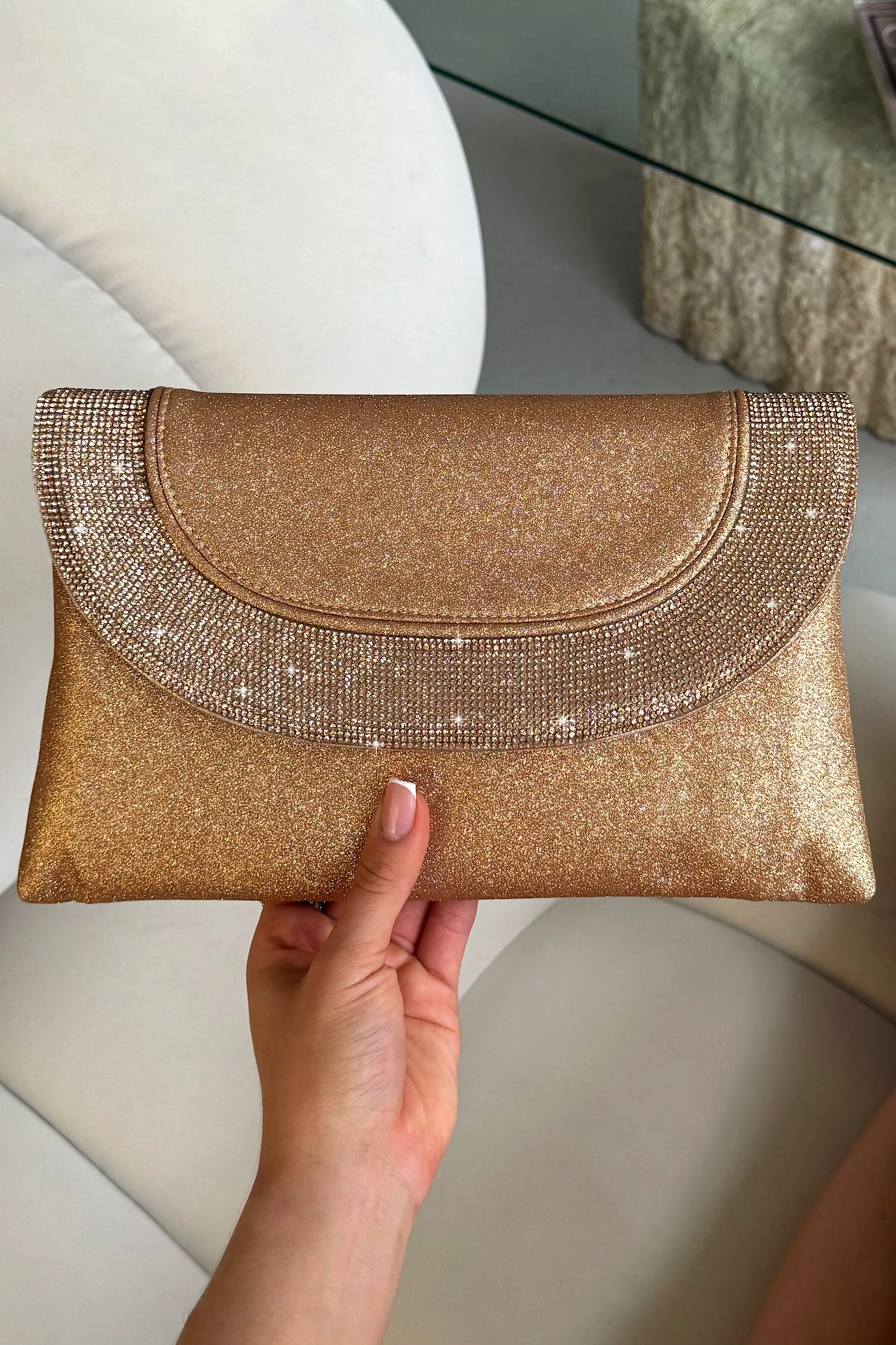 Glitter Luxe Metallic Crystal Envelope Clutch Bag Rose Gold featuring a glitter-finish exterior and elegant crystal detailing.