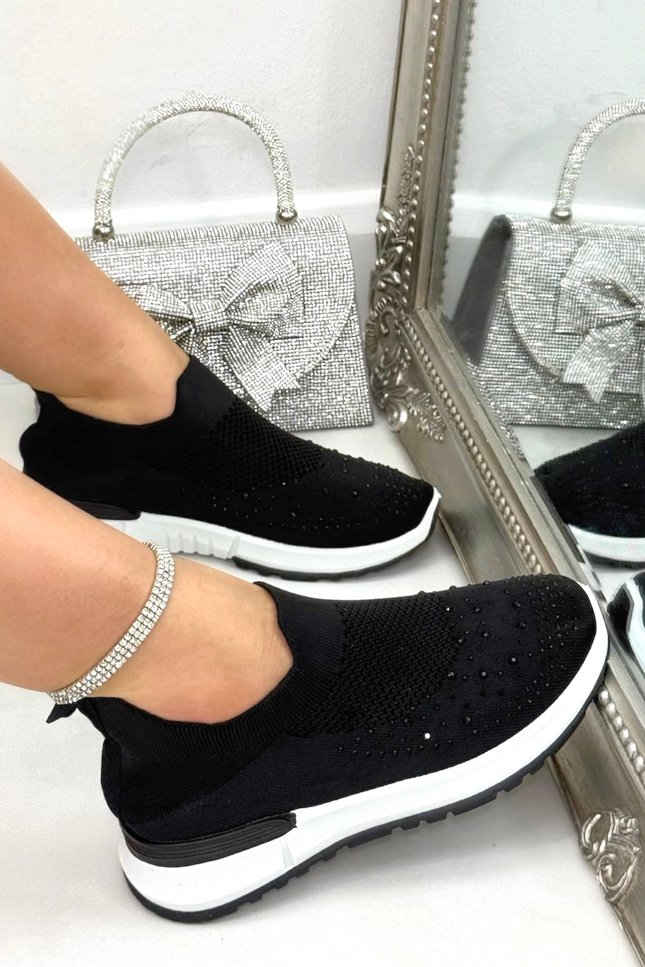 Sparkle Contrast Motion Stretch Sock Slip On Trainers Black finished with stretch sock slip on design for easy, fuss-free wear