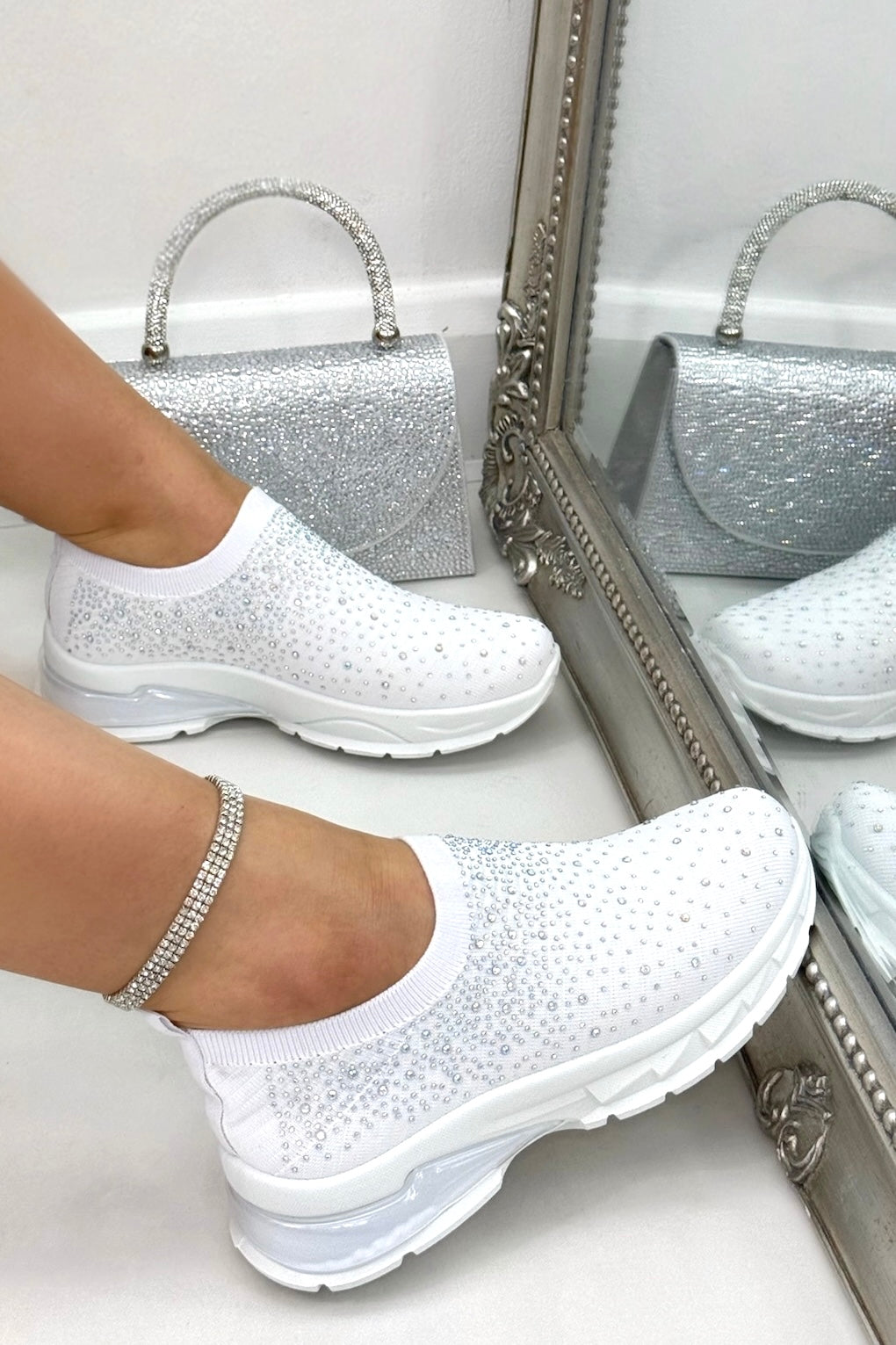 Crystal Luminate Stretch Sock Slip On Trainers White, with emphasis on flexible knit upper for a second-skin fit
