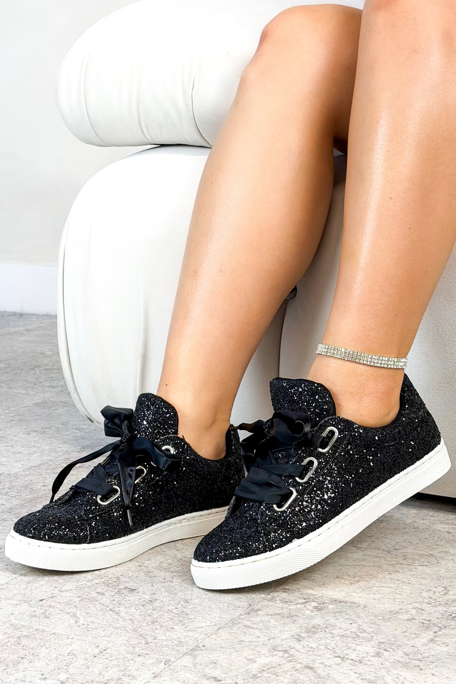 Sparkly Glitter Ribbon Lace Trainers Black, drawing attention to comfy round toe style
