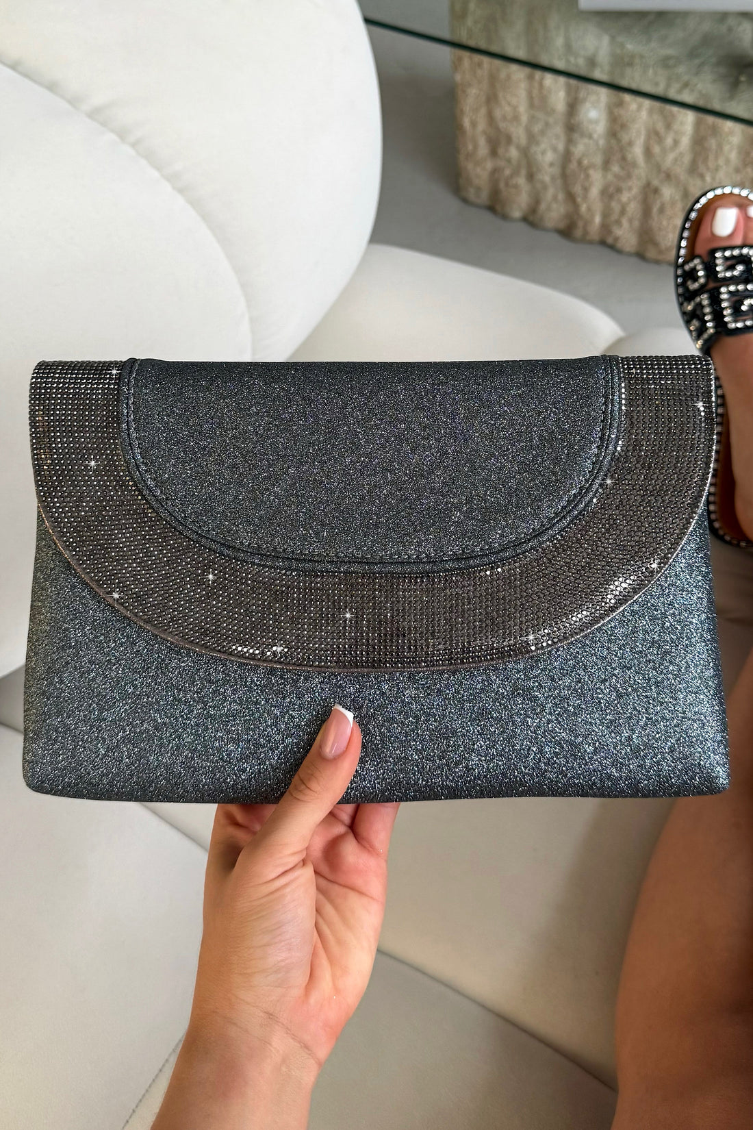 Glitter Luxe Metallic Crystal Envelope Clutch Bag Grey featuring a glitter-finish exterior and elegant crystal detailing.