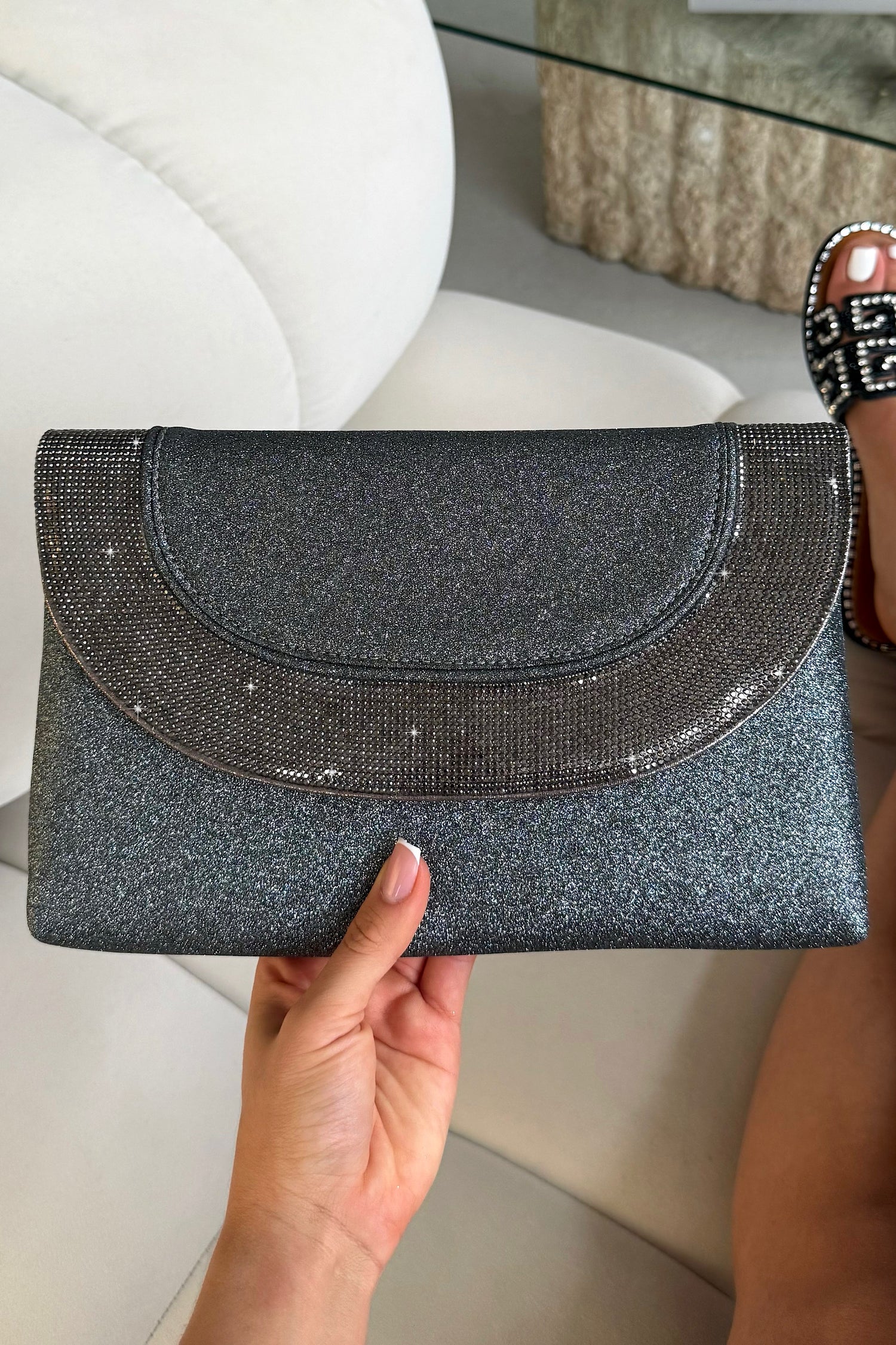 Glitter Luxe Metallic Crystal Envelope Clutch Bag Grey featuring a glitter-finish exterior and elegant crystal detailing.