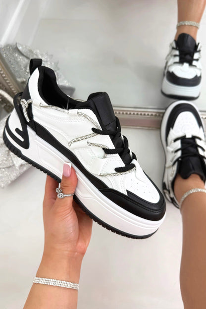 Crystal Spark Trainers Black and White, focused on secure lace-up fastening