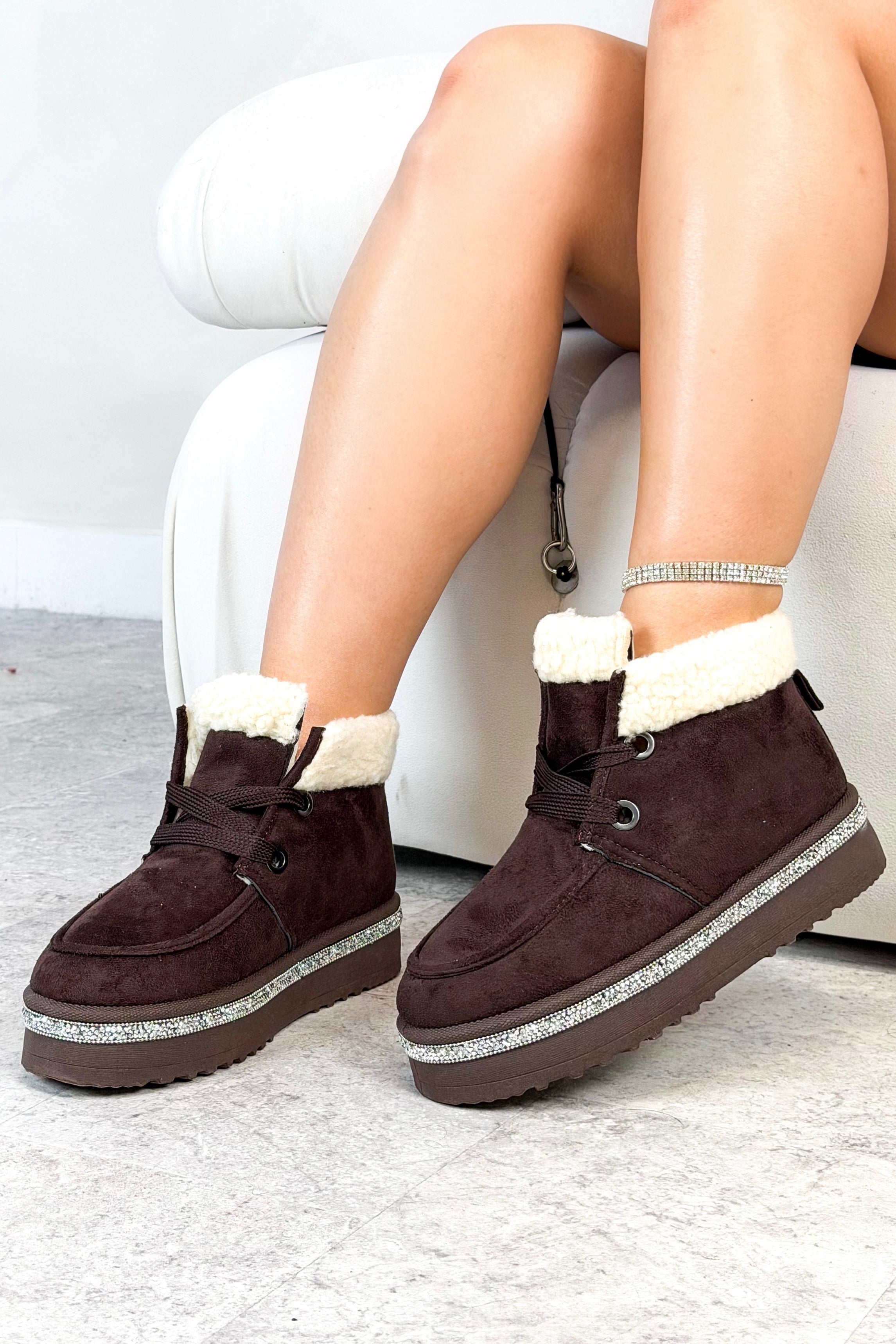 Crystal Luxe Lodge Faux Fur Lined Boots Brown finished with premium faux suede outer  soft, supple and cruelty-free