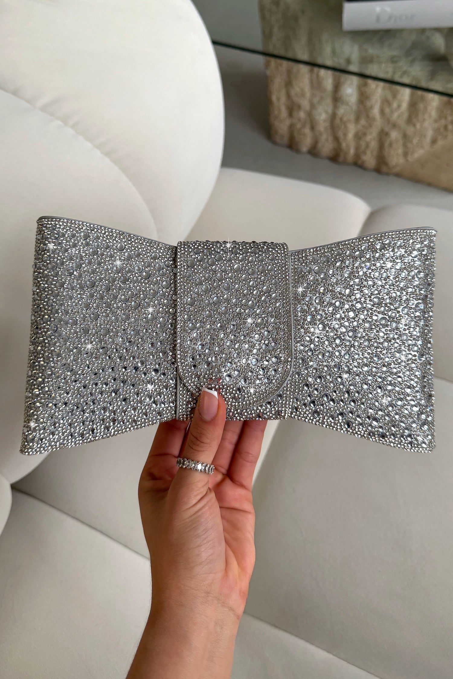 Crystal Luxe Bow Clutch Bag Silver, highlighting fully encrusted with glistening crystals