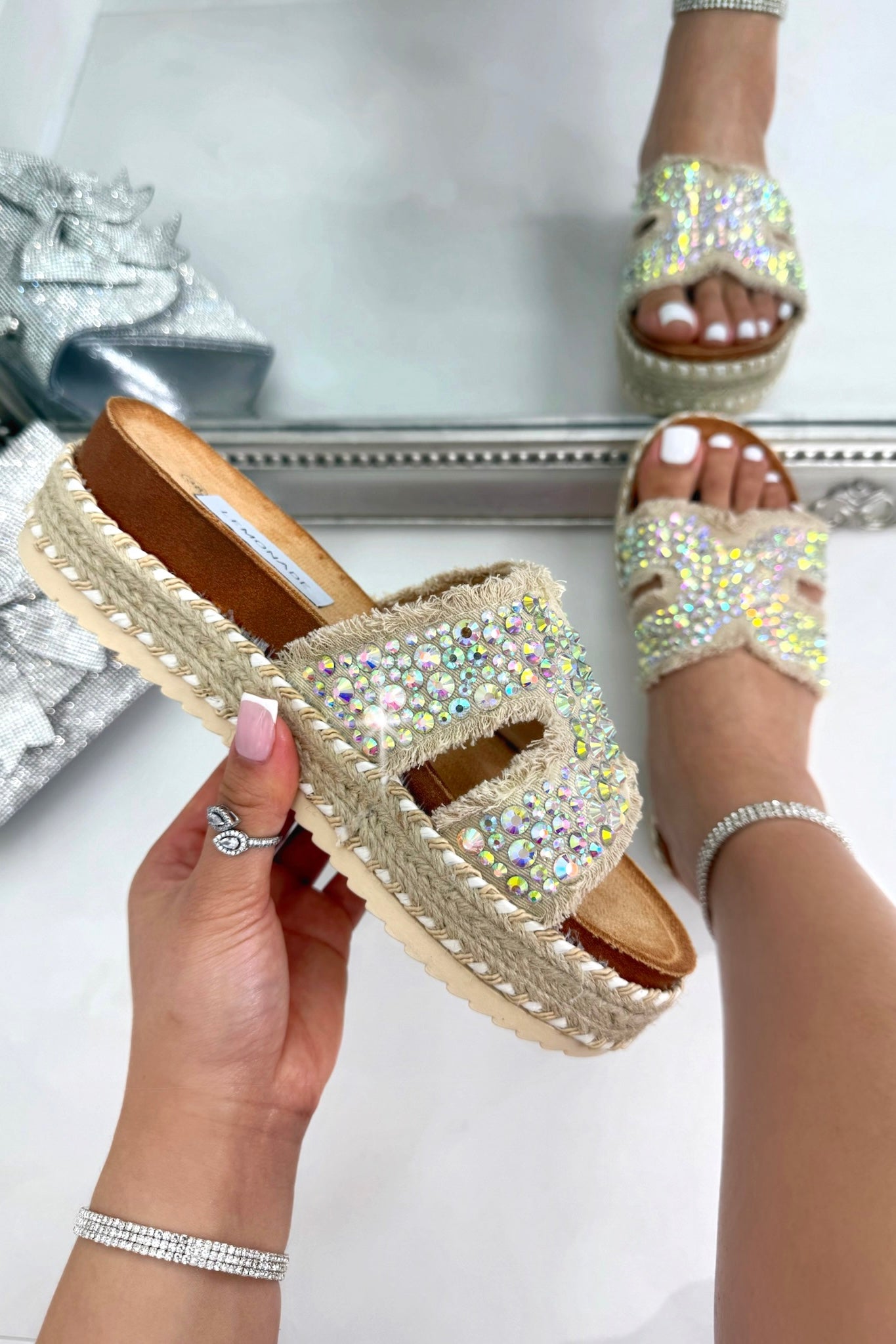 Crystal Shimmer Cross Strap Platform Sliders Nude, focused on cushioned footbed for all-day comfort