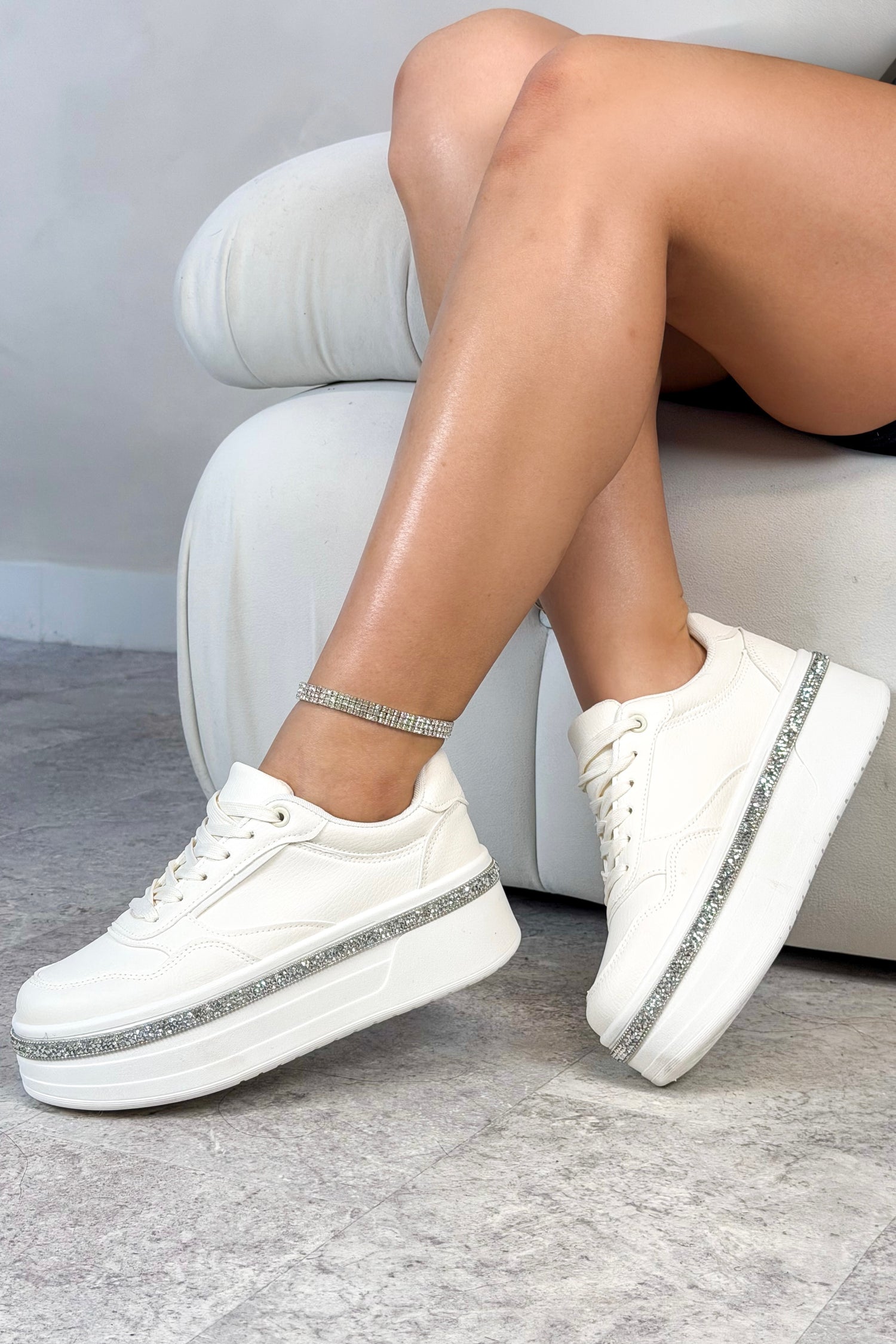 Crystal Diamante Trim Platform Trainers Nude, bringing attention to classic platform style with crystal embellished trim detail