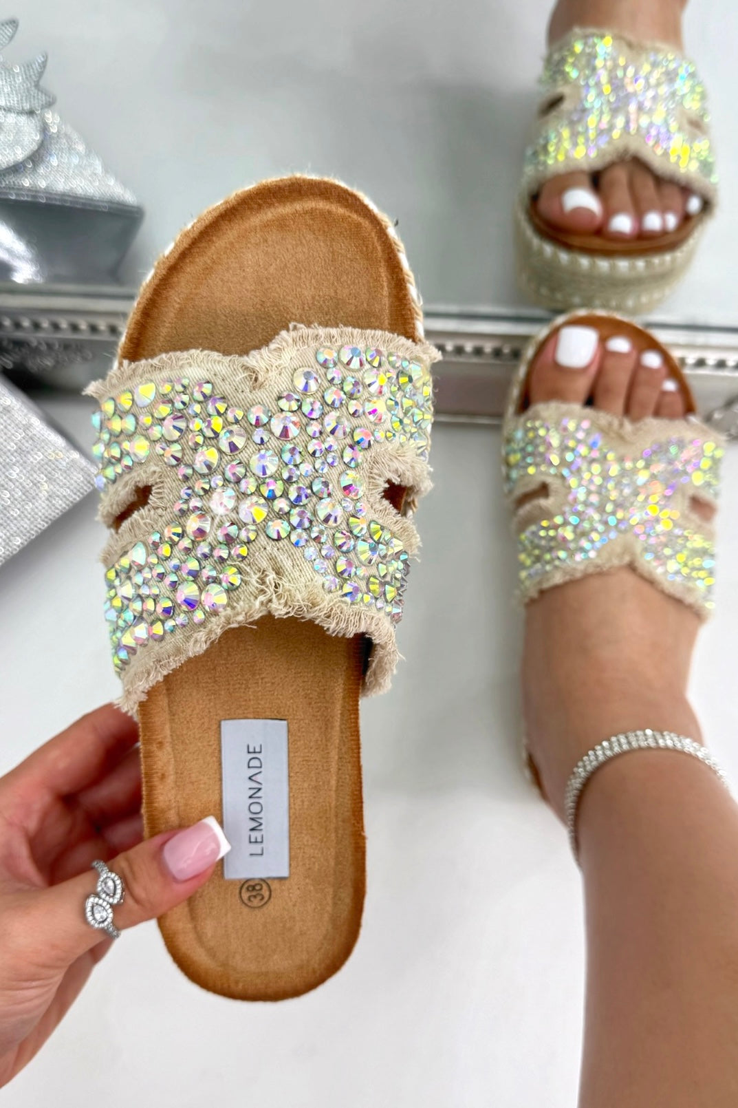 Crystal Shimmer Cross Strap Platform Sliders Nude, with emphasis on chunky platform sole for added height