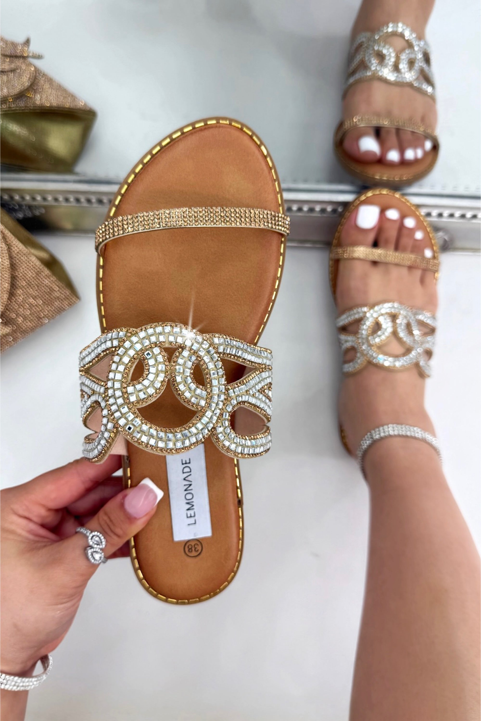 Crystal Amalfi Knot Sliders Gold, shown from another angle