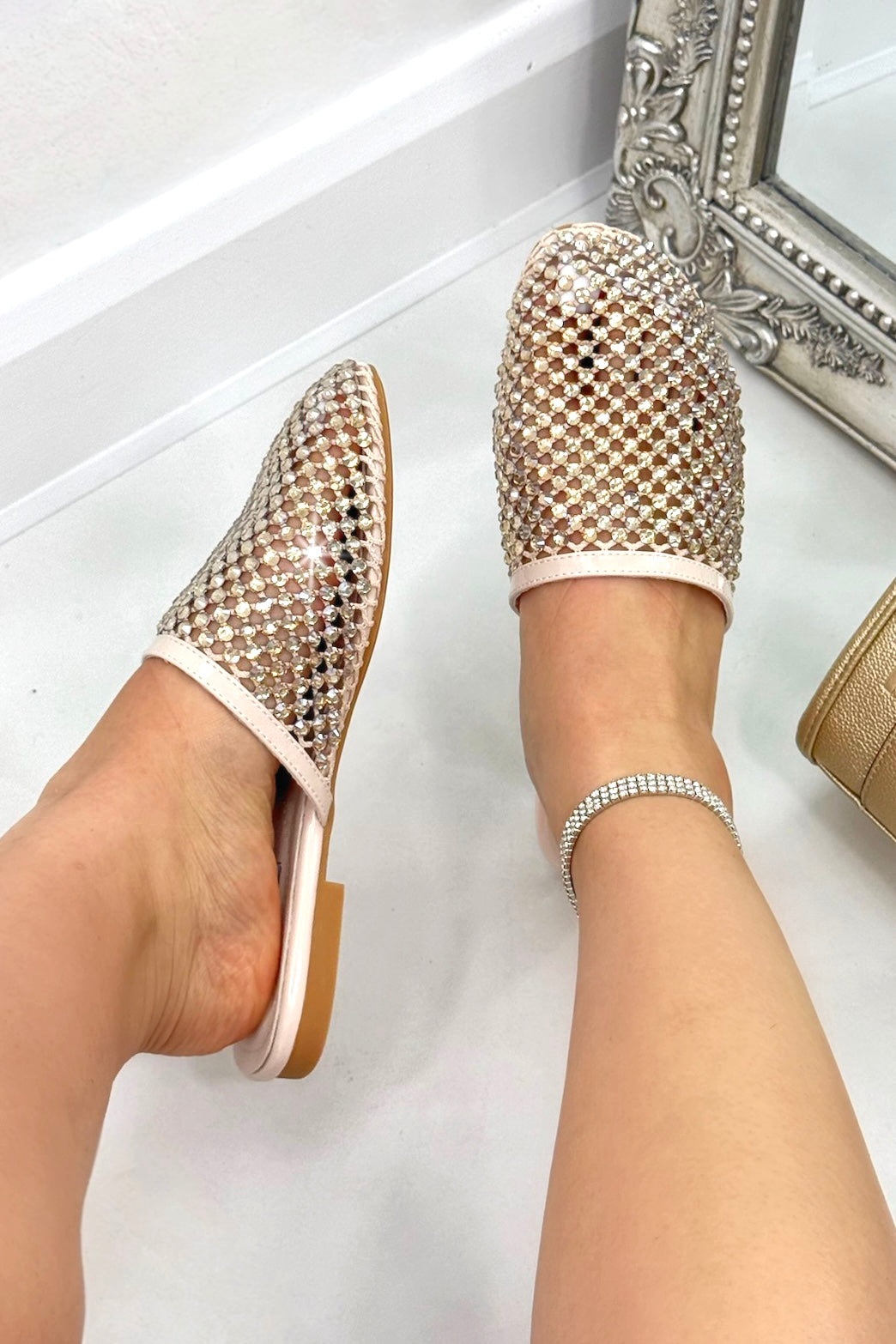 Sparkly Prism Glow Mule Sliders Nude, highlighting sleek mule slider design for easy slip-on wear