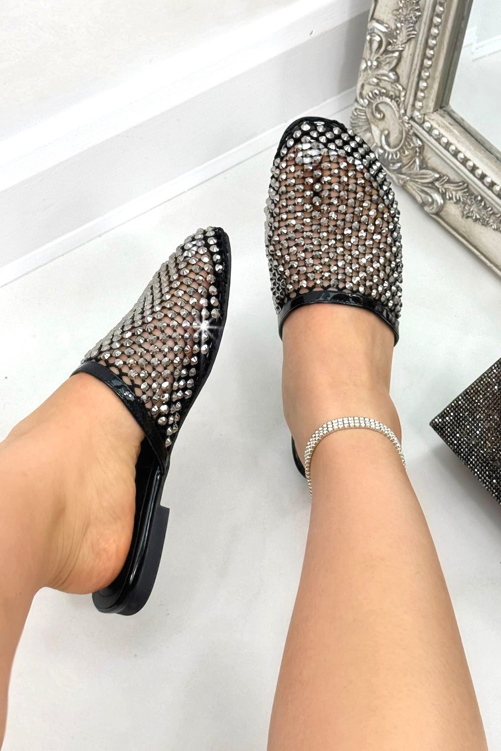 Sparkly Prism Glow Mule Sliders Black, highlighting sleek mule slider design for easy slip-on wear