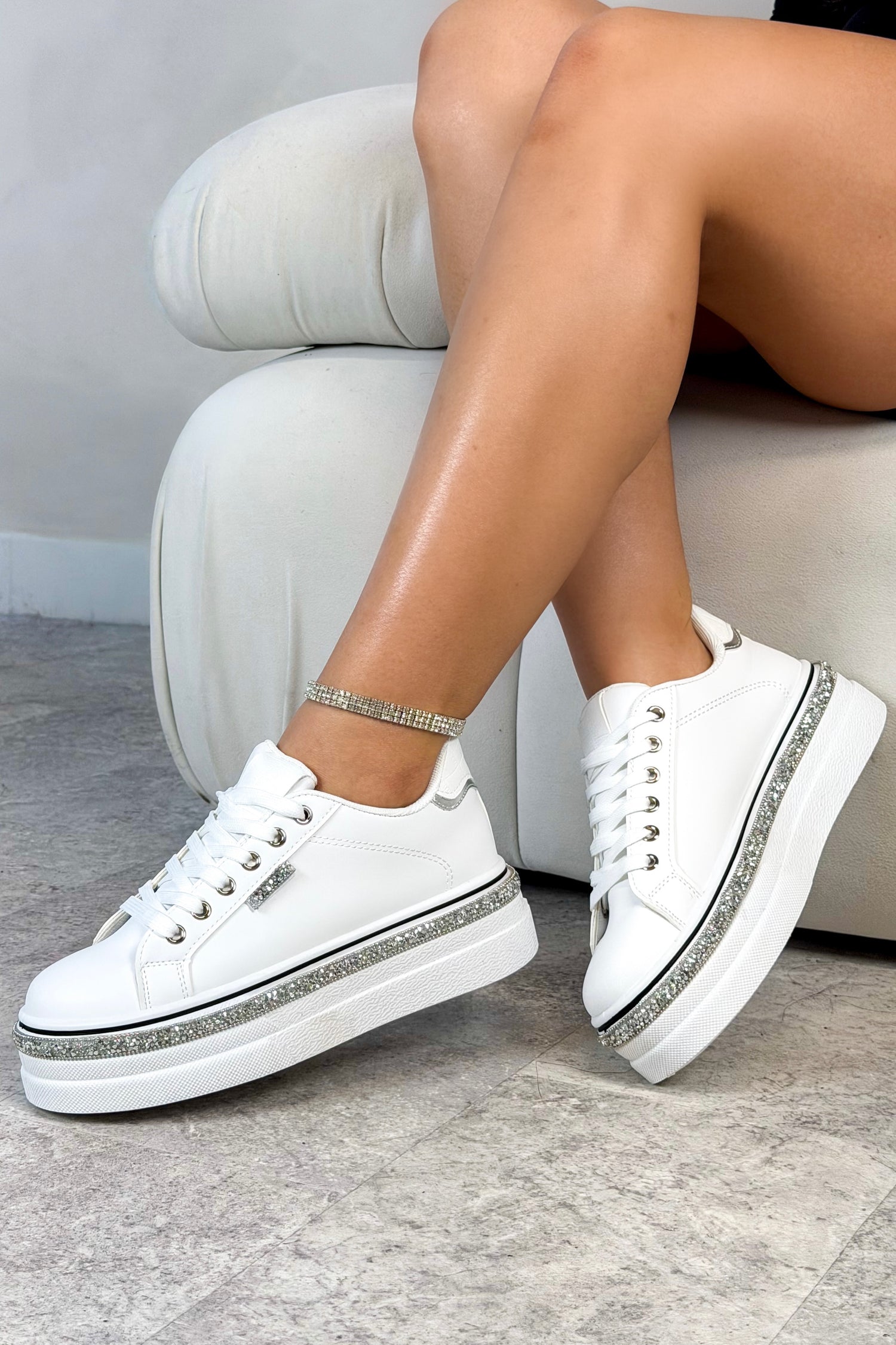 Sparkly Wedge Trainers White with Crystal Trim, with emphasis on crystal detailed trim