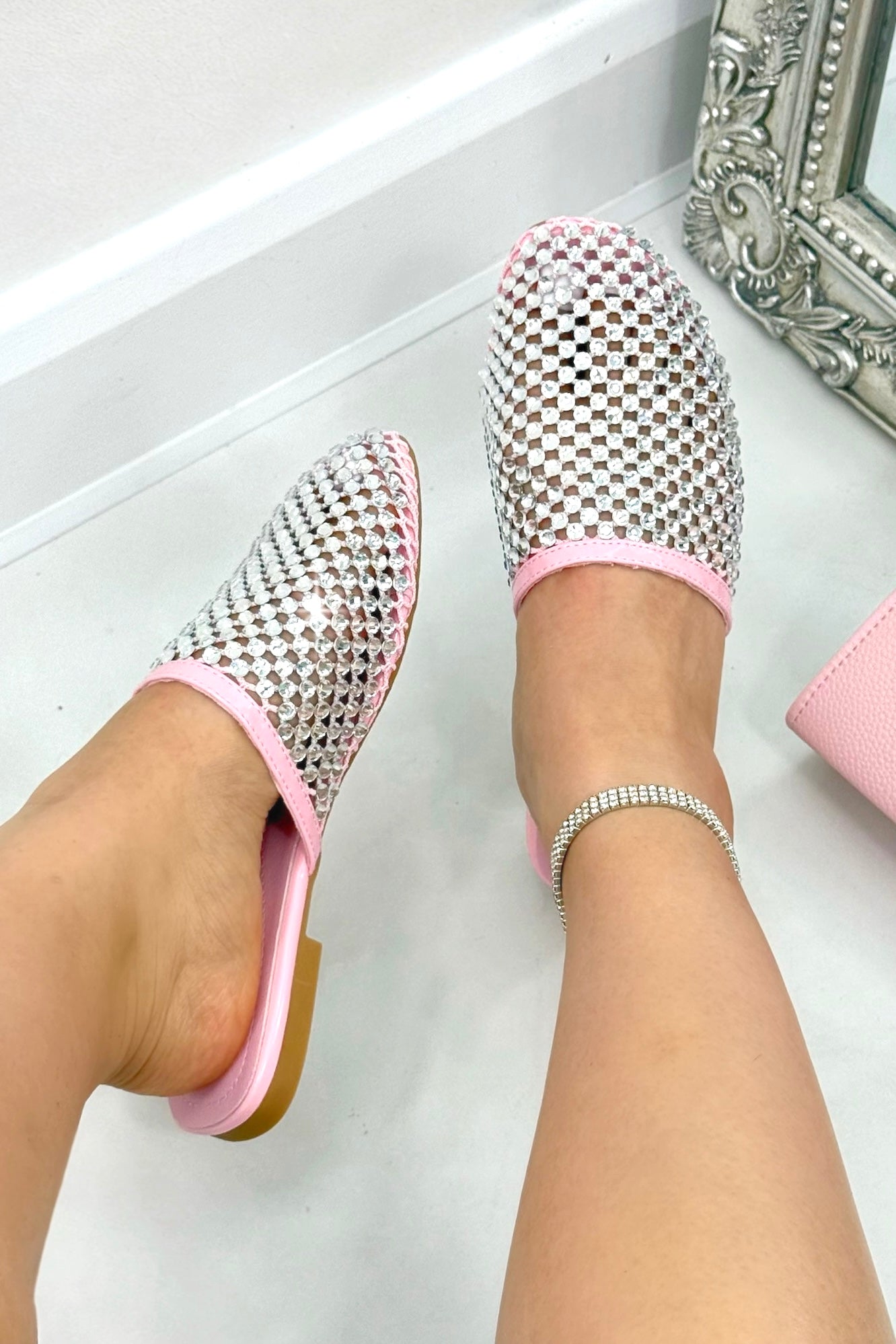 Sparkly Prism Glow Mule Sliders Pink, showing lightweight flat sole for comfortable all-day use