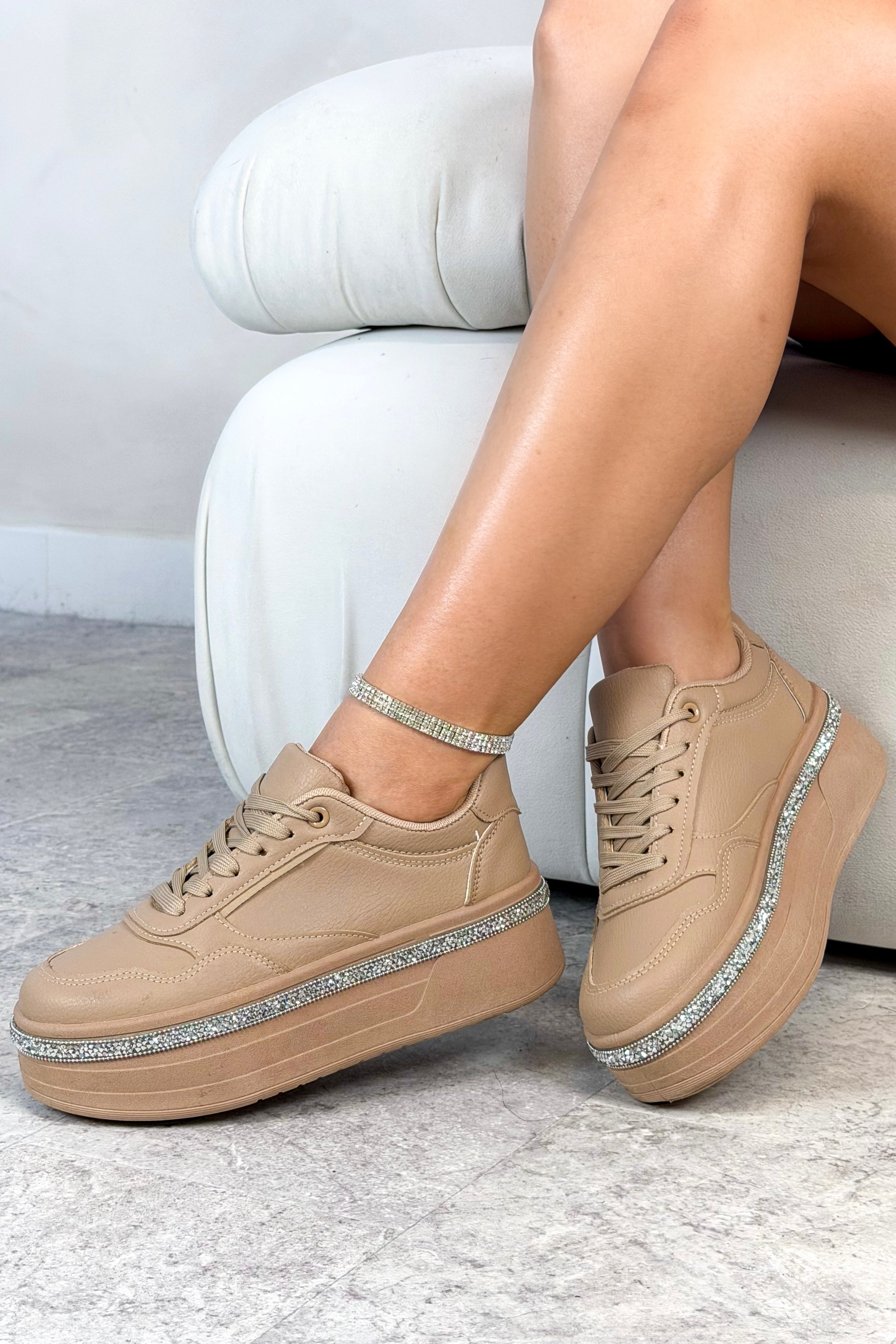 Crystal Diamante Trim Platform Trainers Mocha, with emphasis on classic platform silhouette and crystal embellished trim 