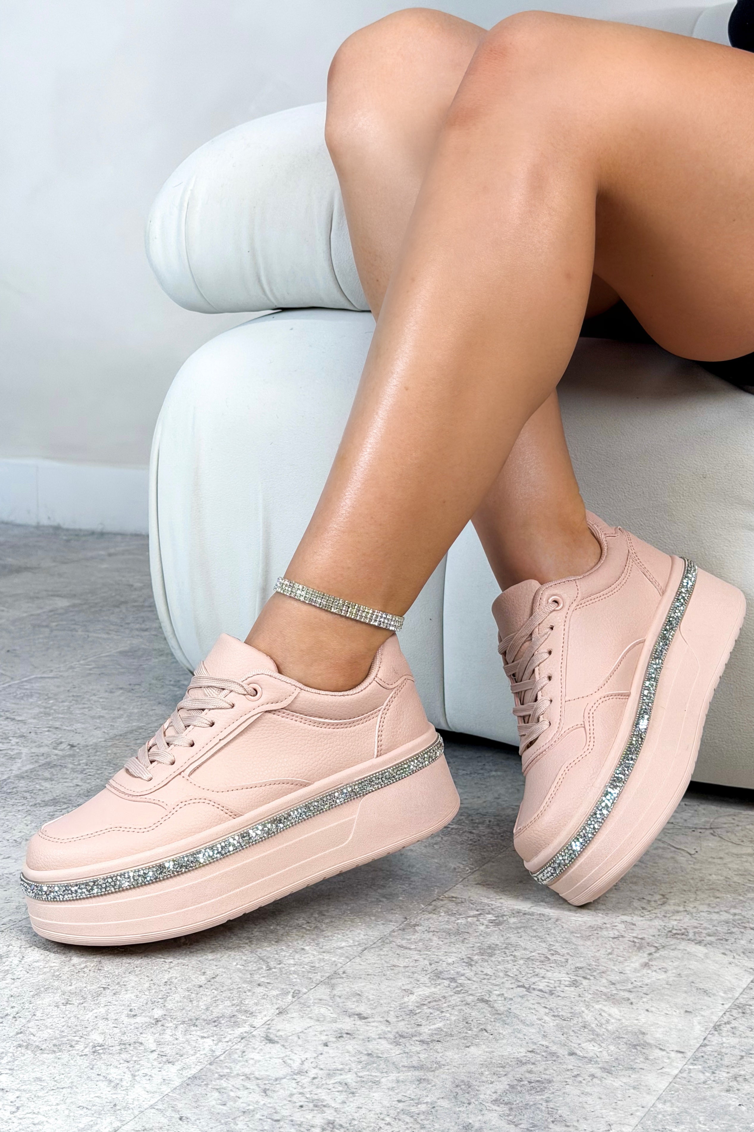 Crystal Diamante Trim Platform Trainers Pink, bringing attention to classic platform style with crystal embellished trim detail
