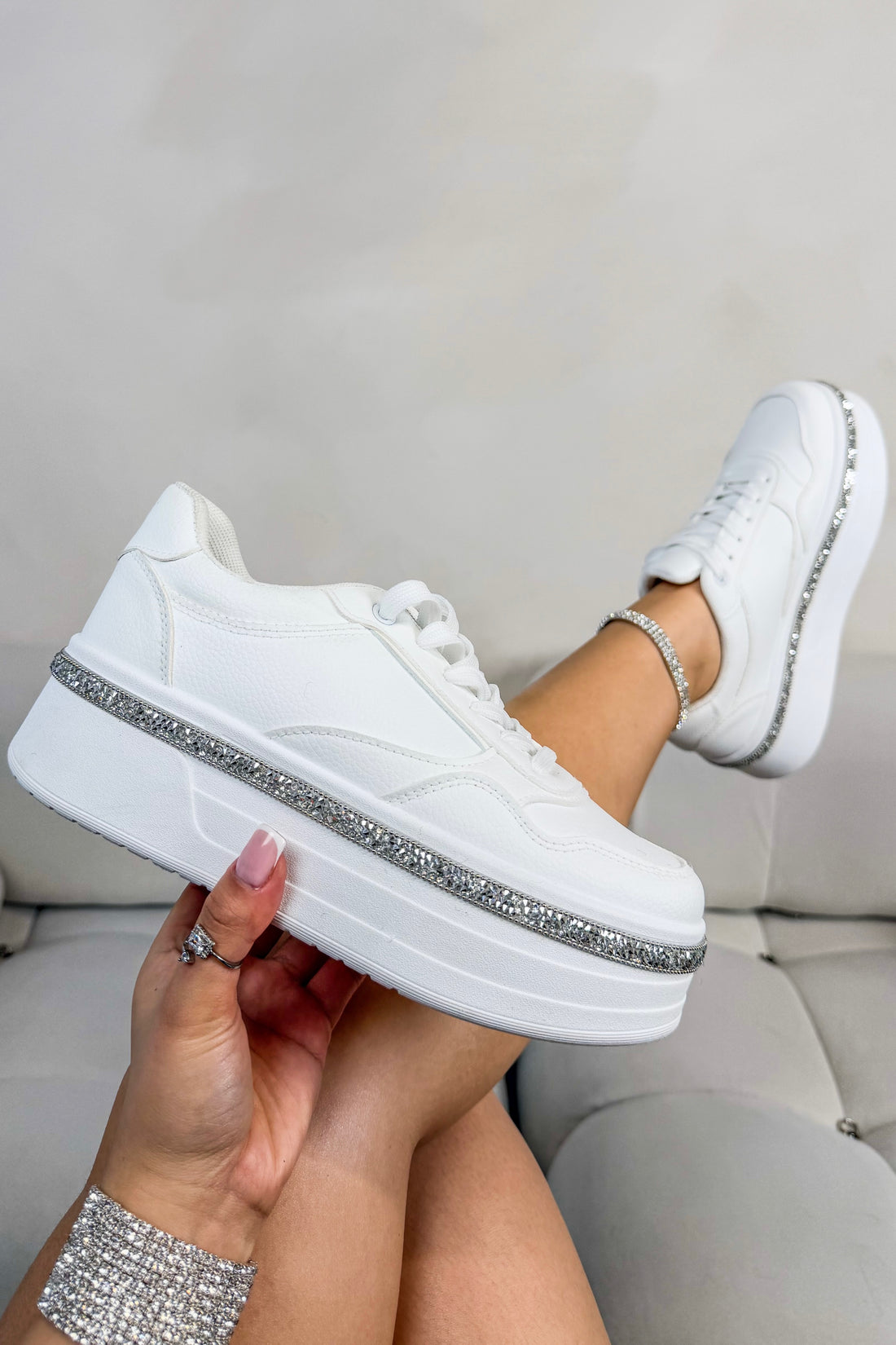 Crystal Diamante Trim Platform Trainers White with smooth faux leather upper for a clean, premium look