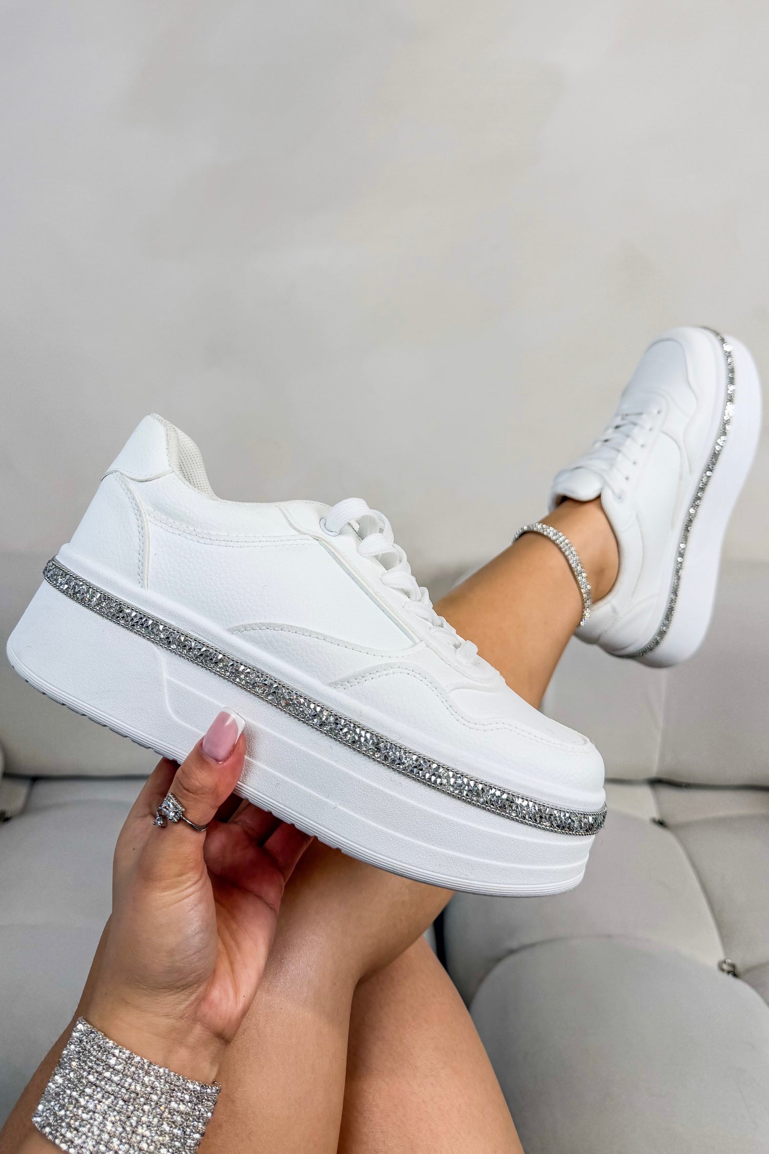 Crystal Diamante Trim Platform Trainers White with smooth faux leather upper for a clean, premium look
