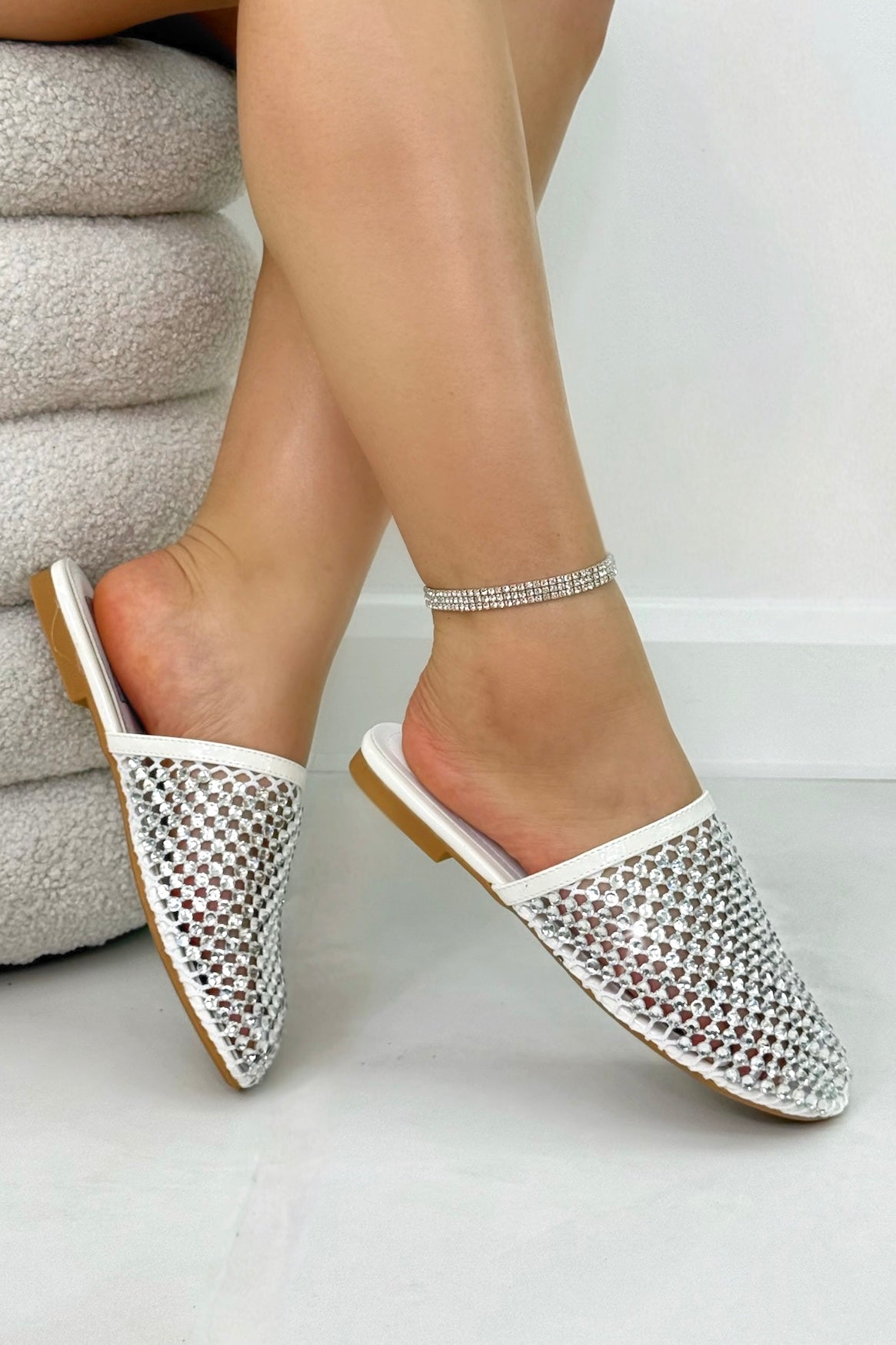 Sparkly Prism Glow Mule Sliders White, showing lightweight flat sole for comfortable all-day use
