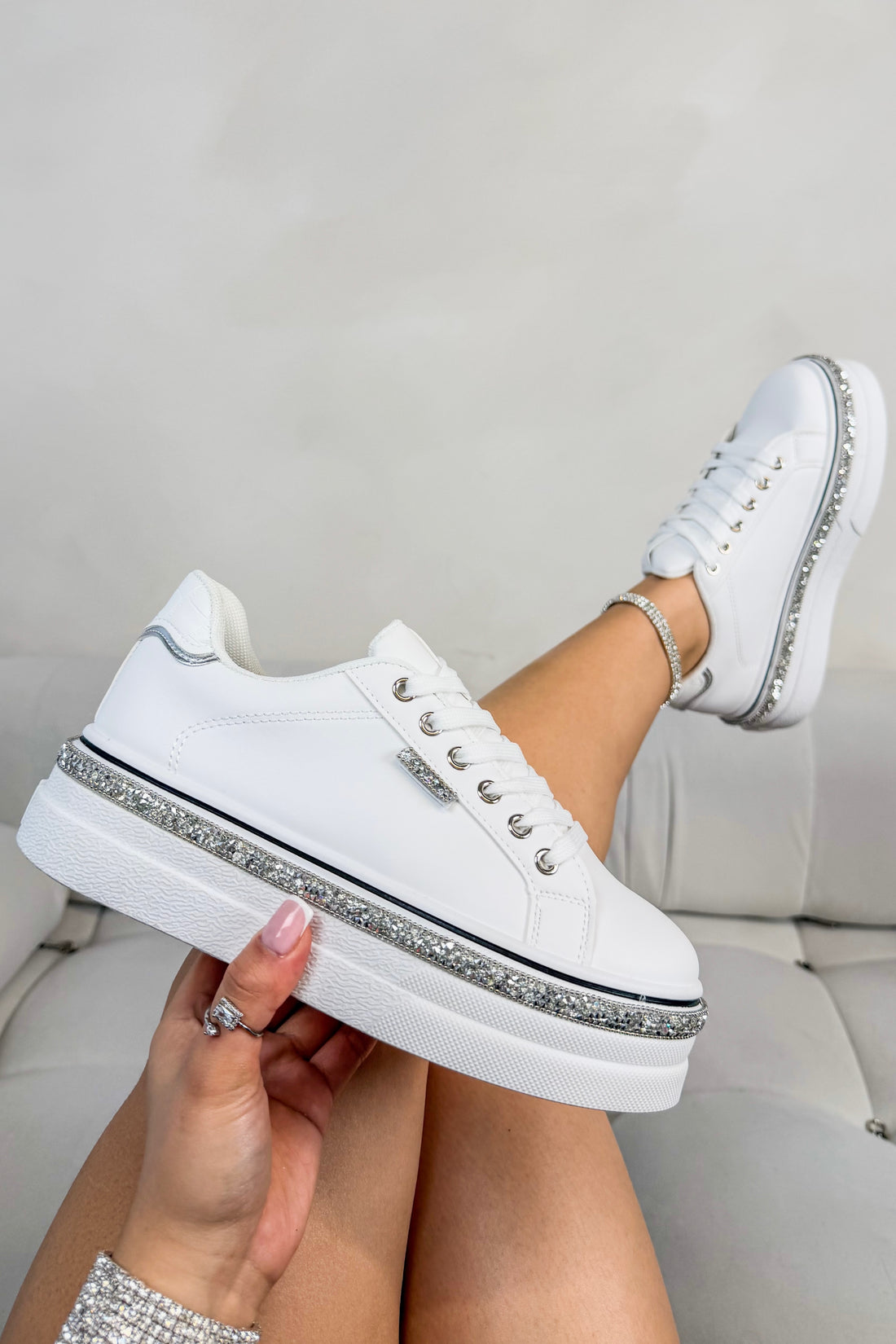 Sparkly Wedge Trainers White with Crystal Trim finished with available in UK 3 - EU 36 - US 5-8