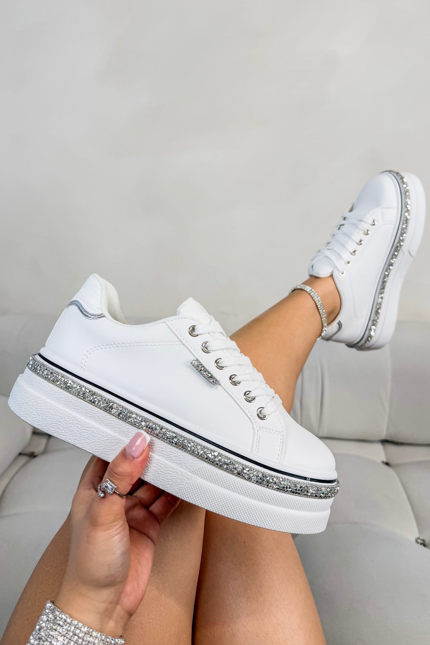 Sparkly Wedge Trainers White with Crystal Trim finished with available in UK 3 - EU 36 - US 5-8