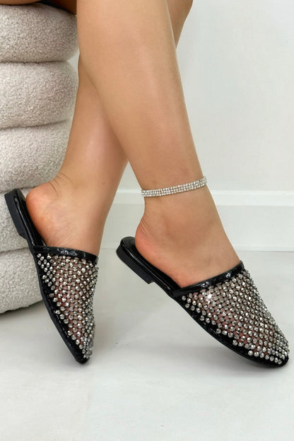 Sparkly Prism Glow Mule Sliders Black, focused on lightweight flat sole for comfortable all-day use