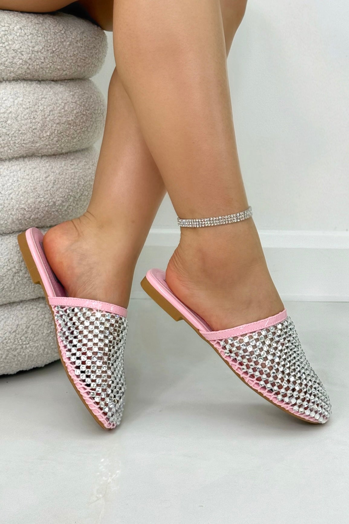 Sparkly Prism Glow Mule Sliders Pink, bringing attention to sleek mule slider design for easy slip-on wear