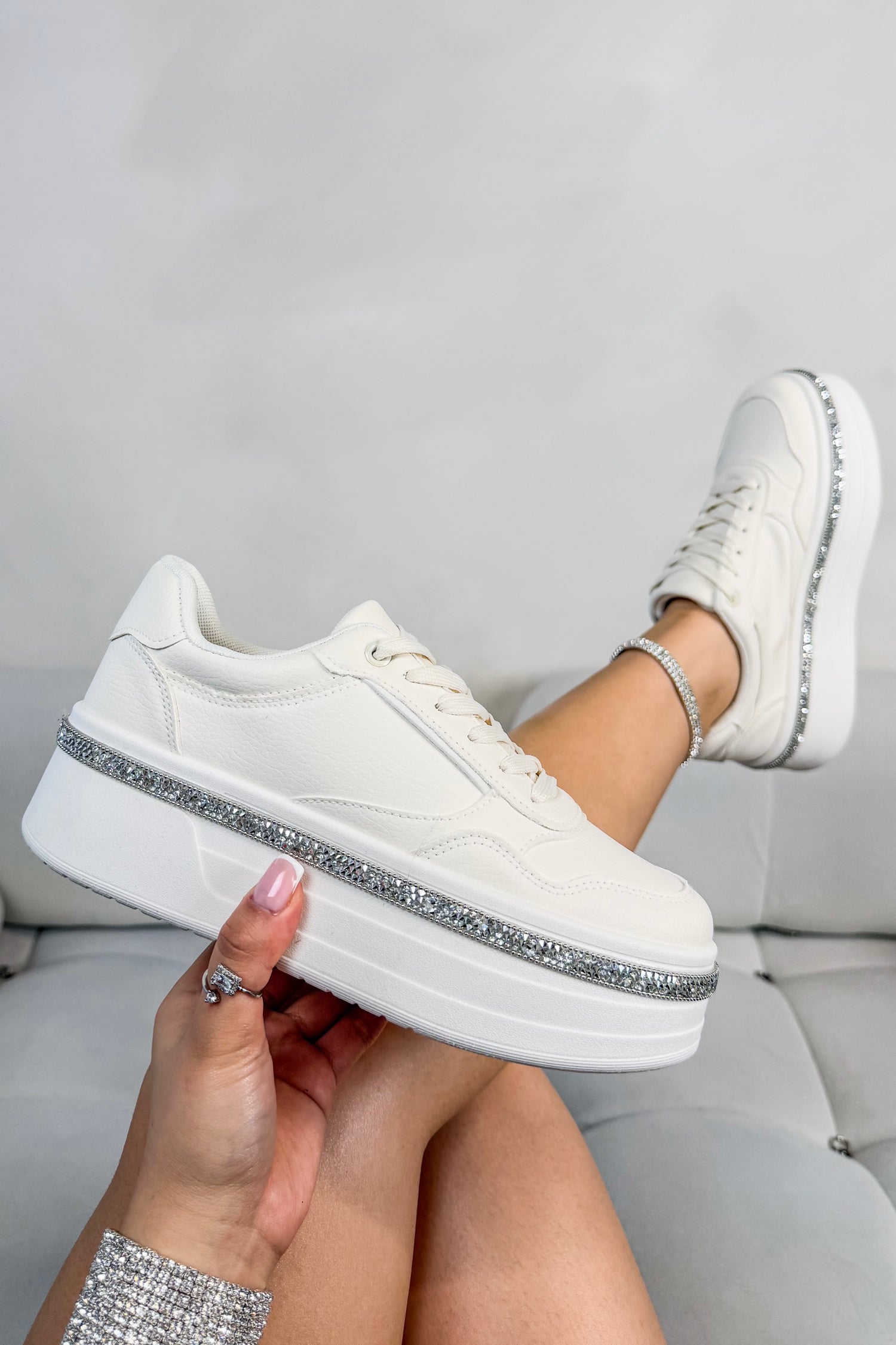 Crystal Diamante Trim Platform Trainers Nude finished with smooth faux leather upper for a clean, premium look