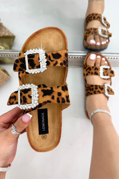 Sparkly Dream Double Buckle Sliders Leopard