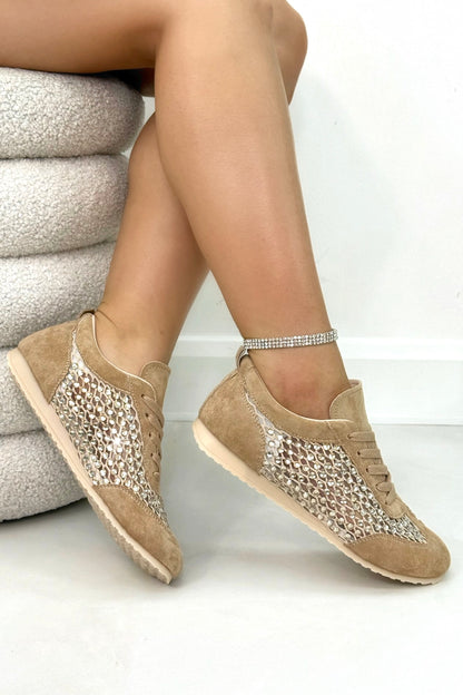 Crystal Contour Sparkly Panel Trainers Mocha featuring crystal embellished contour side panels for a subtle sparkle finish