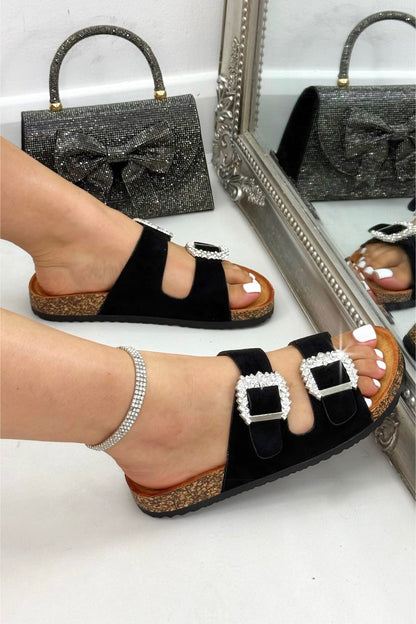 Sparkly Dream Double Buckle Sliders Black, bringing attention to statement crystal embellished buckle detailing