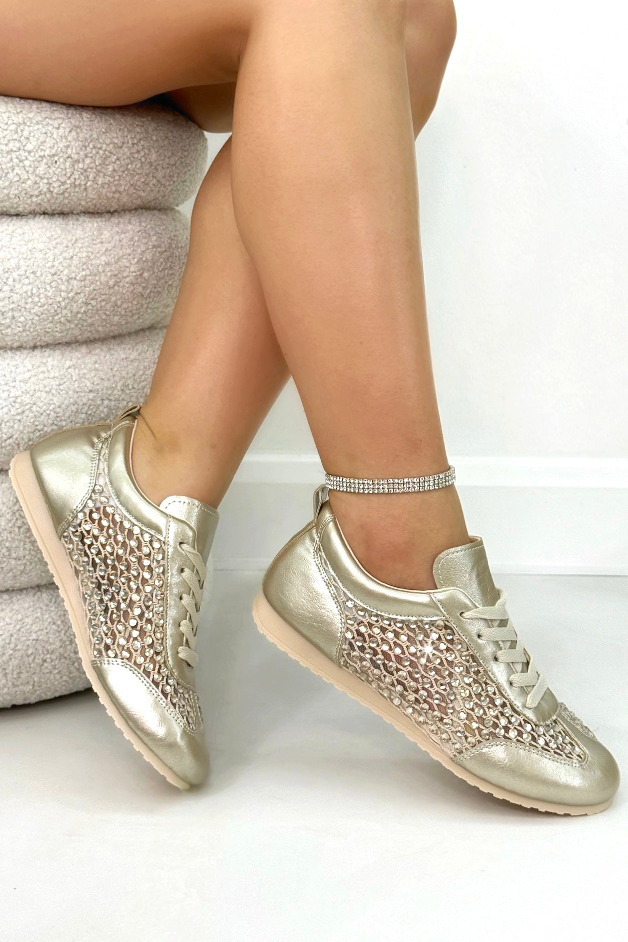 Crystal Contour Sparkly Panel Trainers Gold finished with crystal embellished contour side panels for a subtle sparkle finish