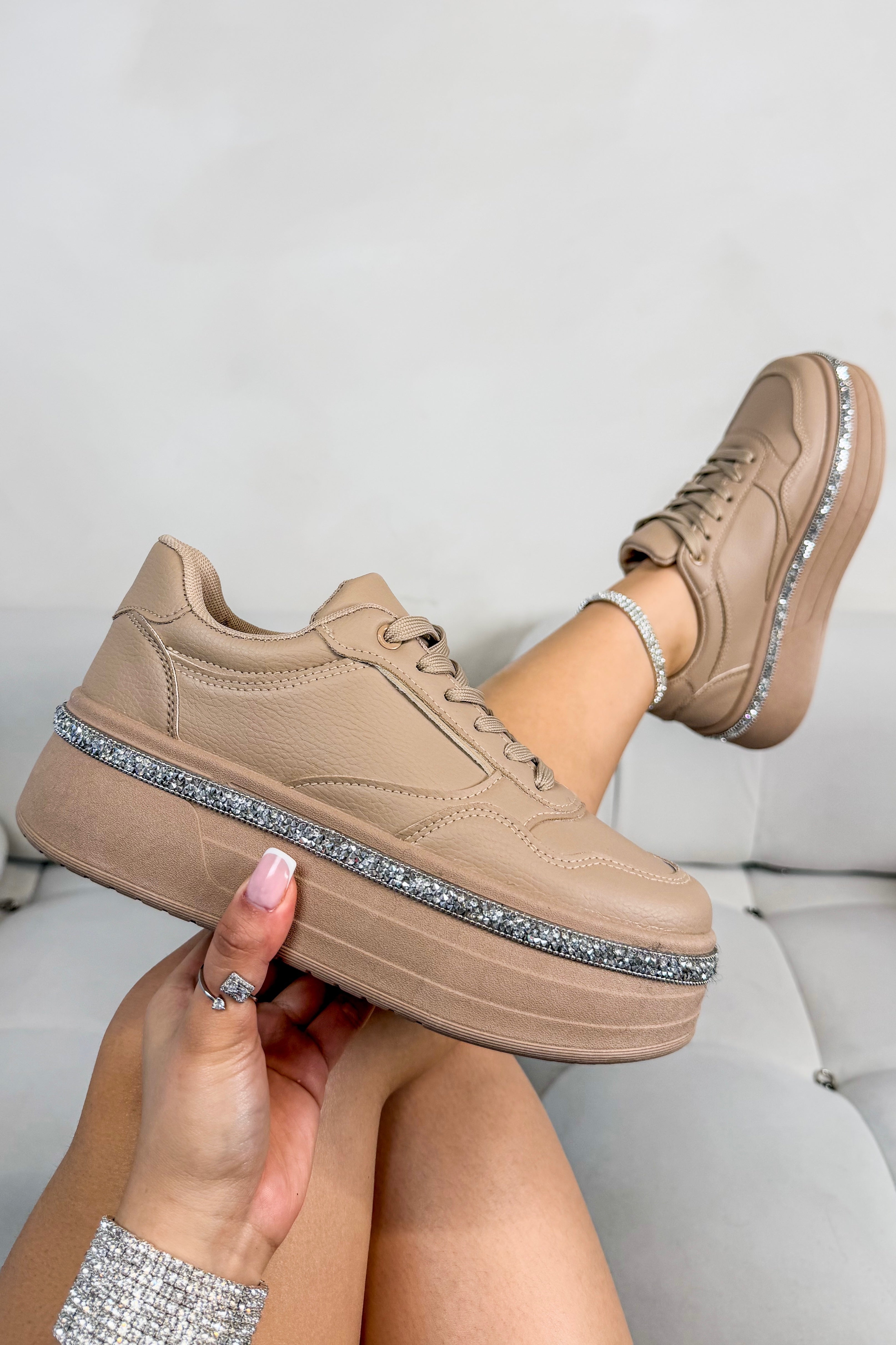 Crystal Diamante Trim Platform Trainers Mocha designed with smooth faux leather upper for a clean, premium look