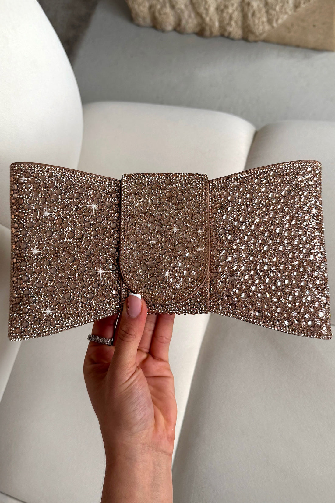 Crystal Luxe Bow Clutch Bag Rose Gold, showcasing fully encrusted with glistening crystals