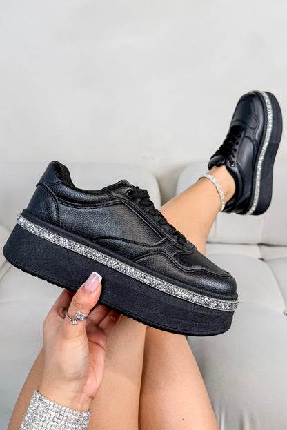 Crystal Diamante Trim Platform Trainers Black designed with smooth faux leather upper for a clean, premium look