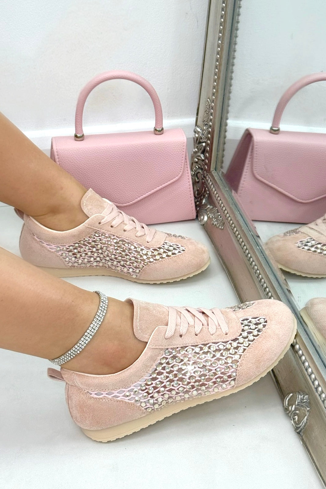 Crystal Contour Sparkly Panel Trainers Pink, bringing attention to sporty lace-up trainer design for a secure and adjustable fit