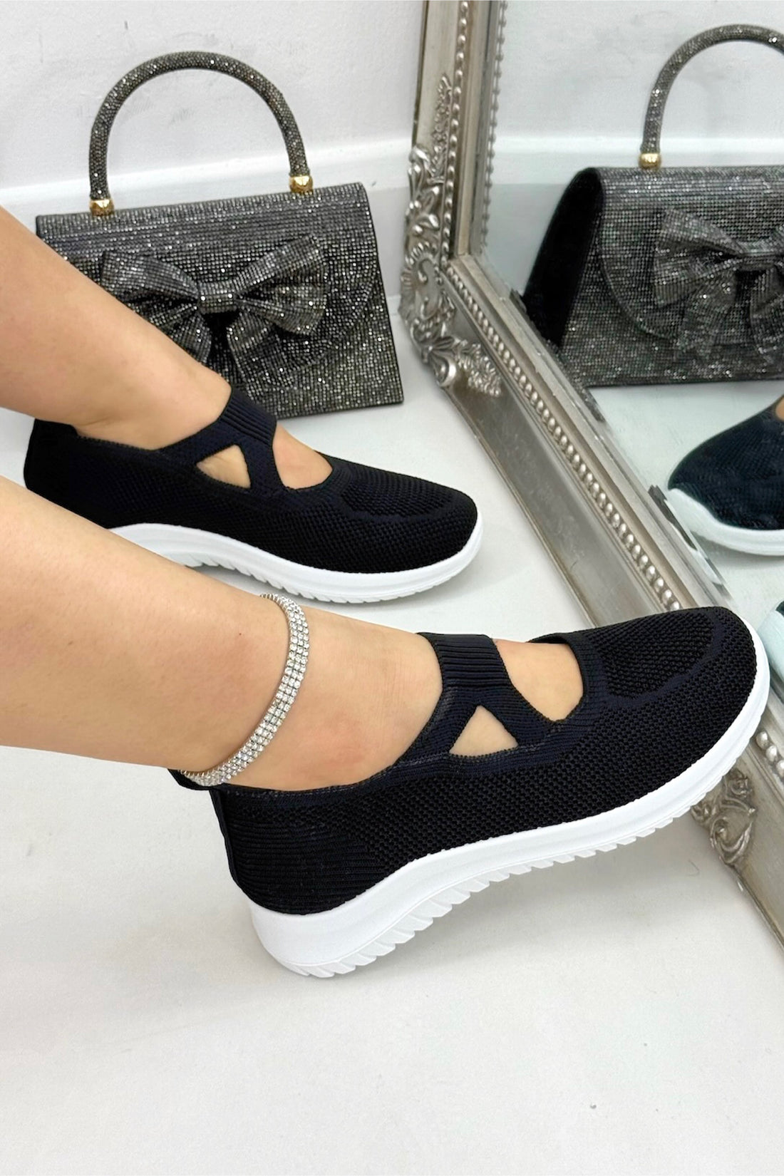 Comfort Knit Elastic AirWeave Trainers Black, shown from another angle