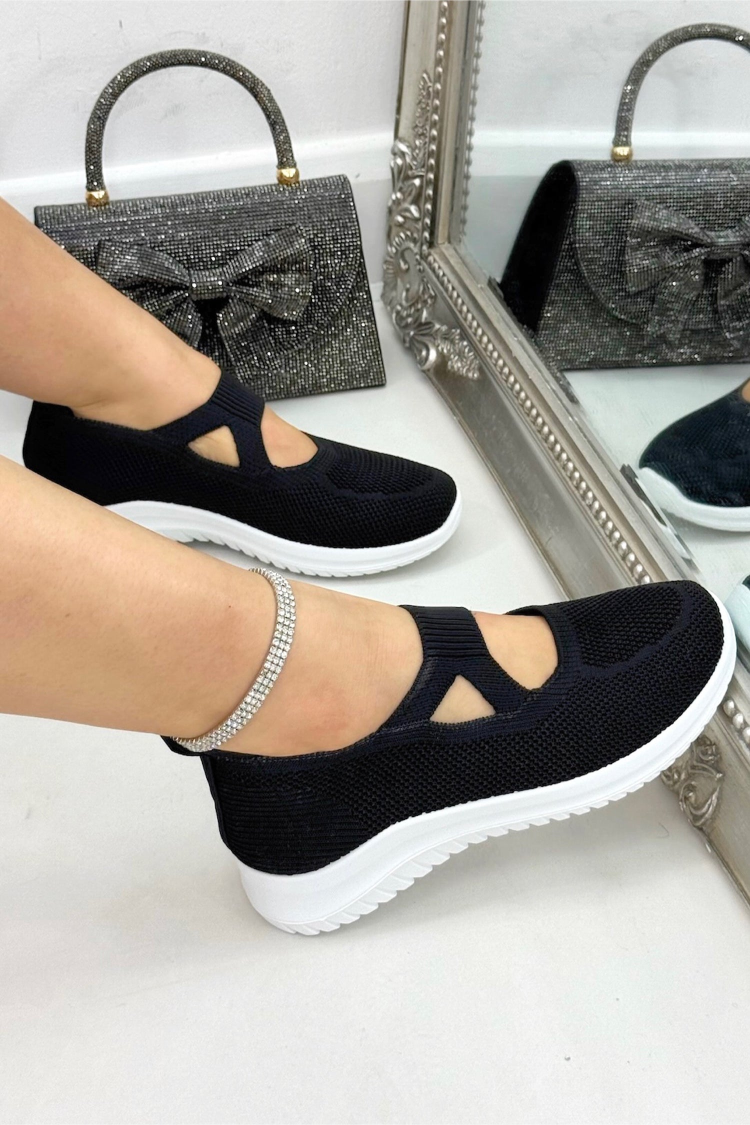 Comfort Knit Elastic AirWeave Trainers Black, shown from another angle