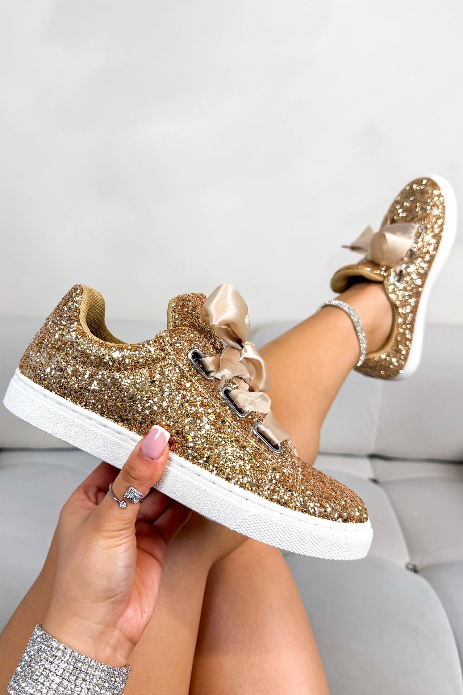 Sparkly Glitter Ribbon Lace Trainers Gold featuring ribbon lace up detail