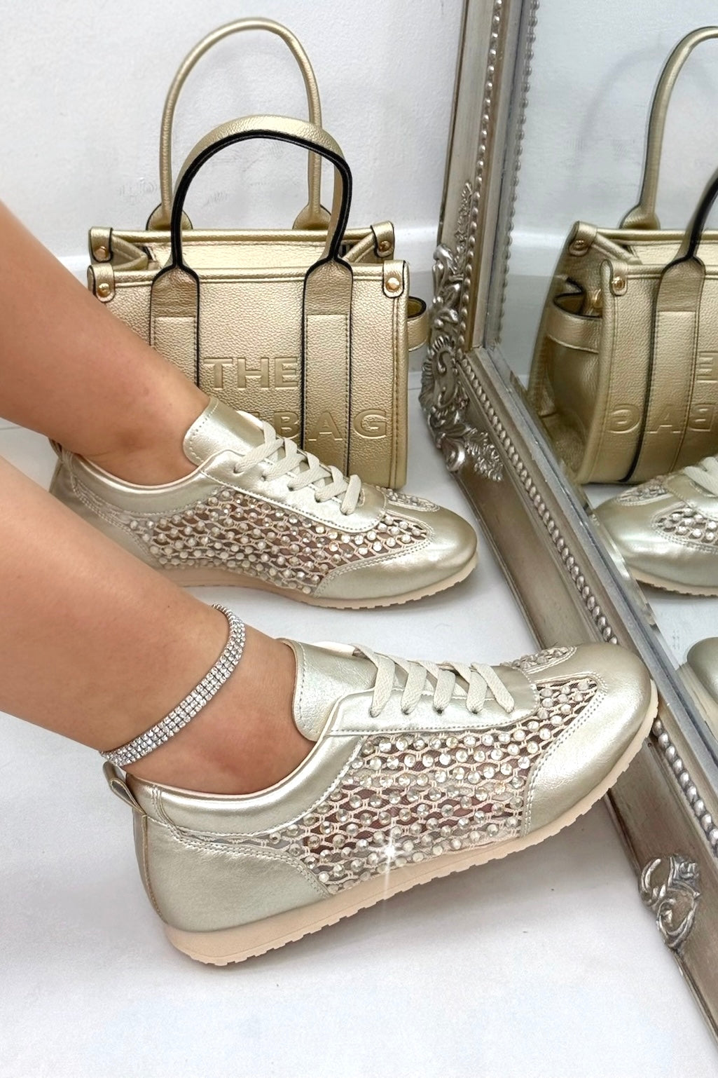 Crystal Contour Sparkly Panel Trainers Gold, showcasing sporty lace-up trainer design for a secure and adjustable fit