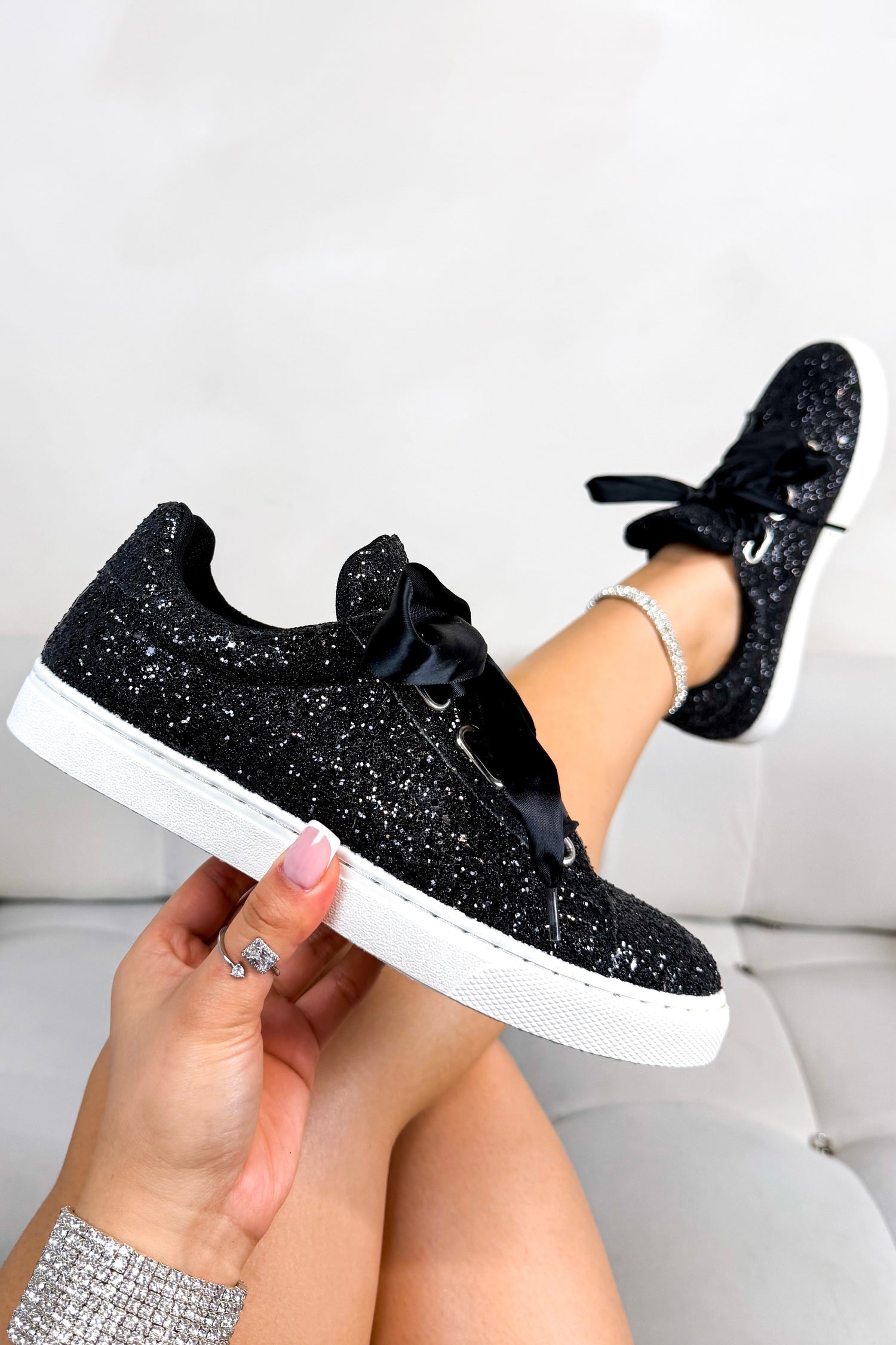 Sparkly Glitter Ribbon Lace Trainers Black finished with ribbon lace up detail